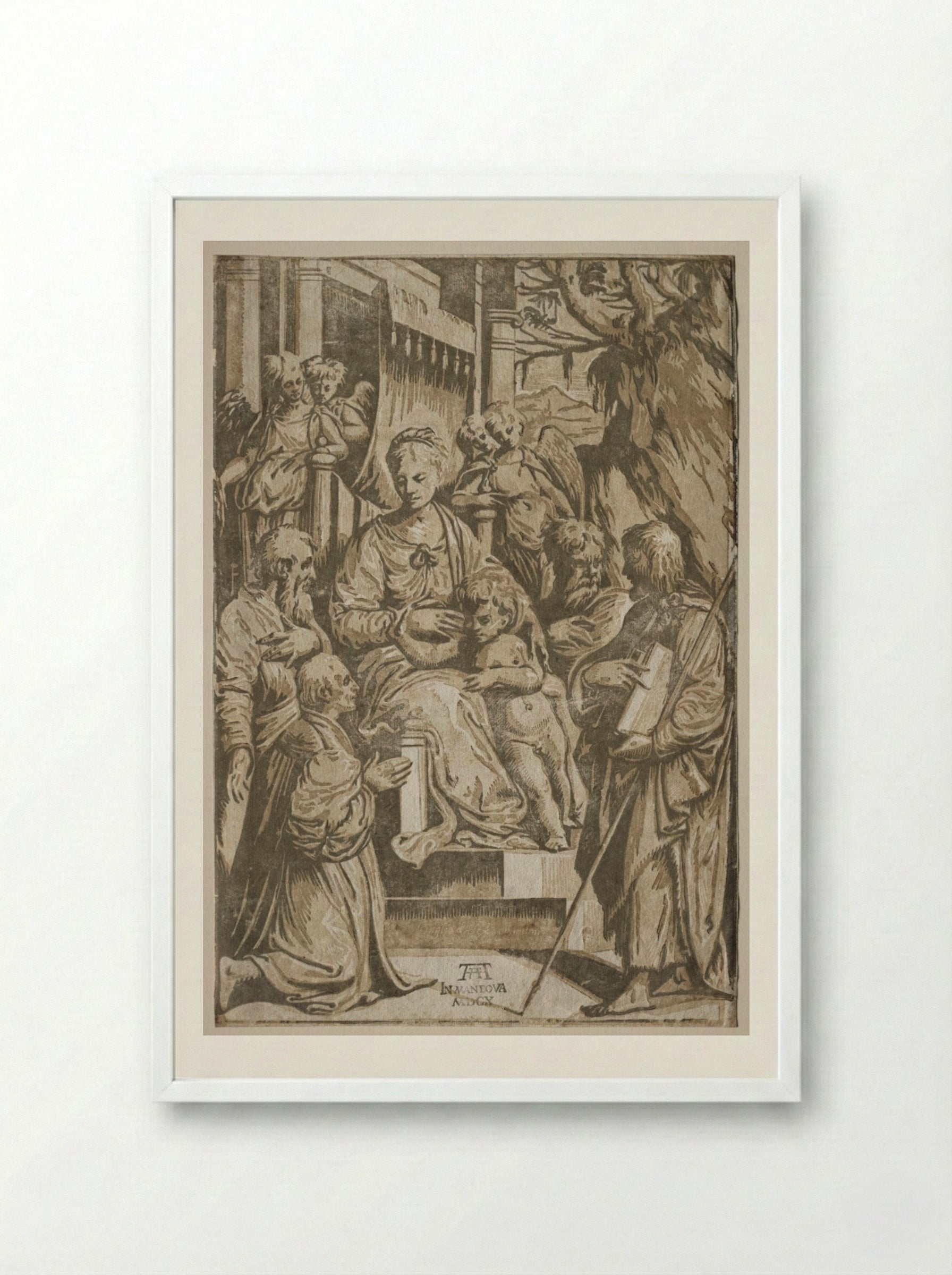 The Virgin and Child with Saints and a Donor - Andrea Andreani - Framed Print White
