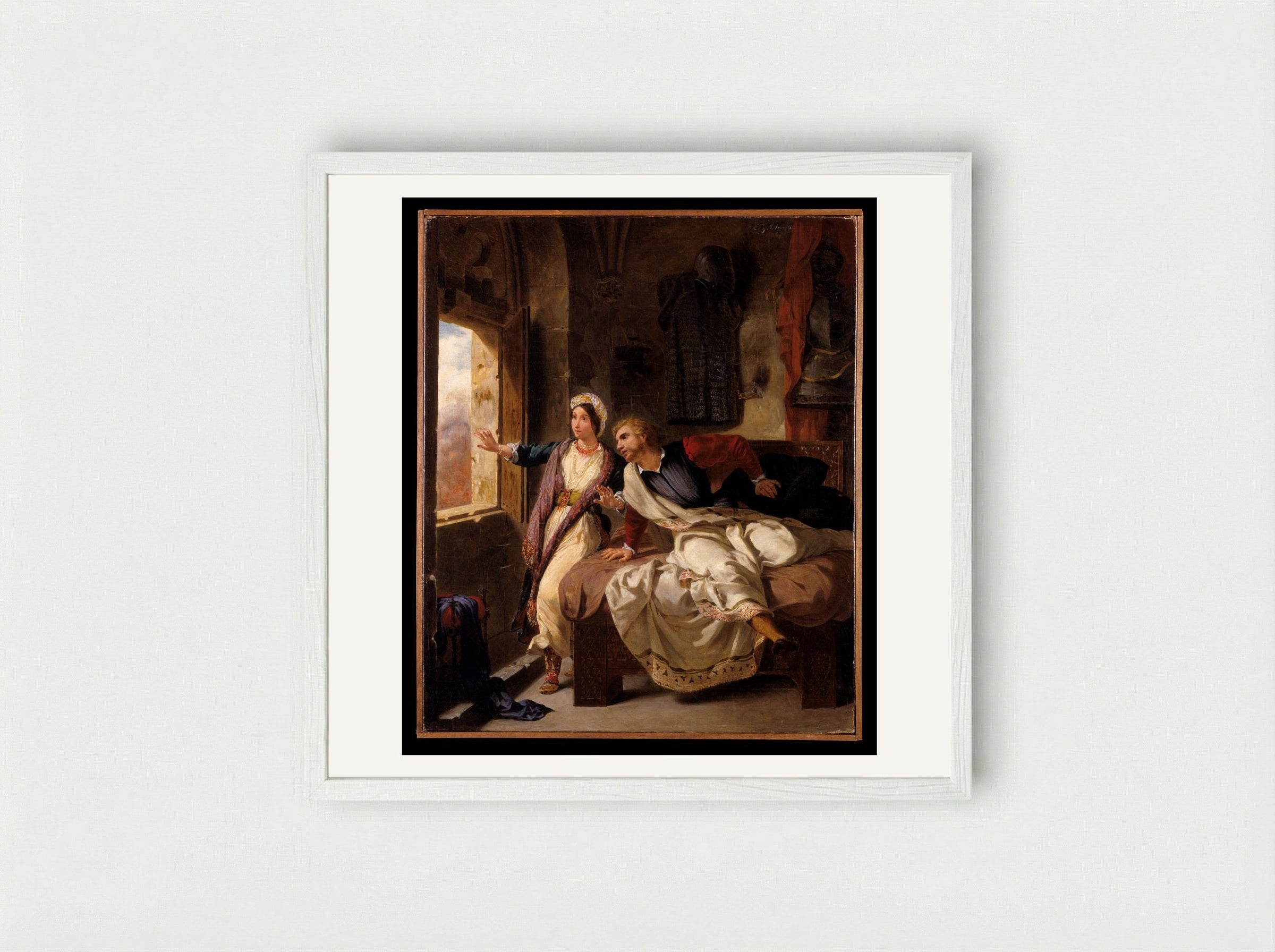 Rebecca and the Wounded Ivanhoe - Eugène Delacroix - Framed Print White