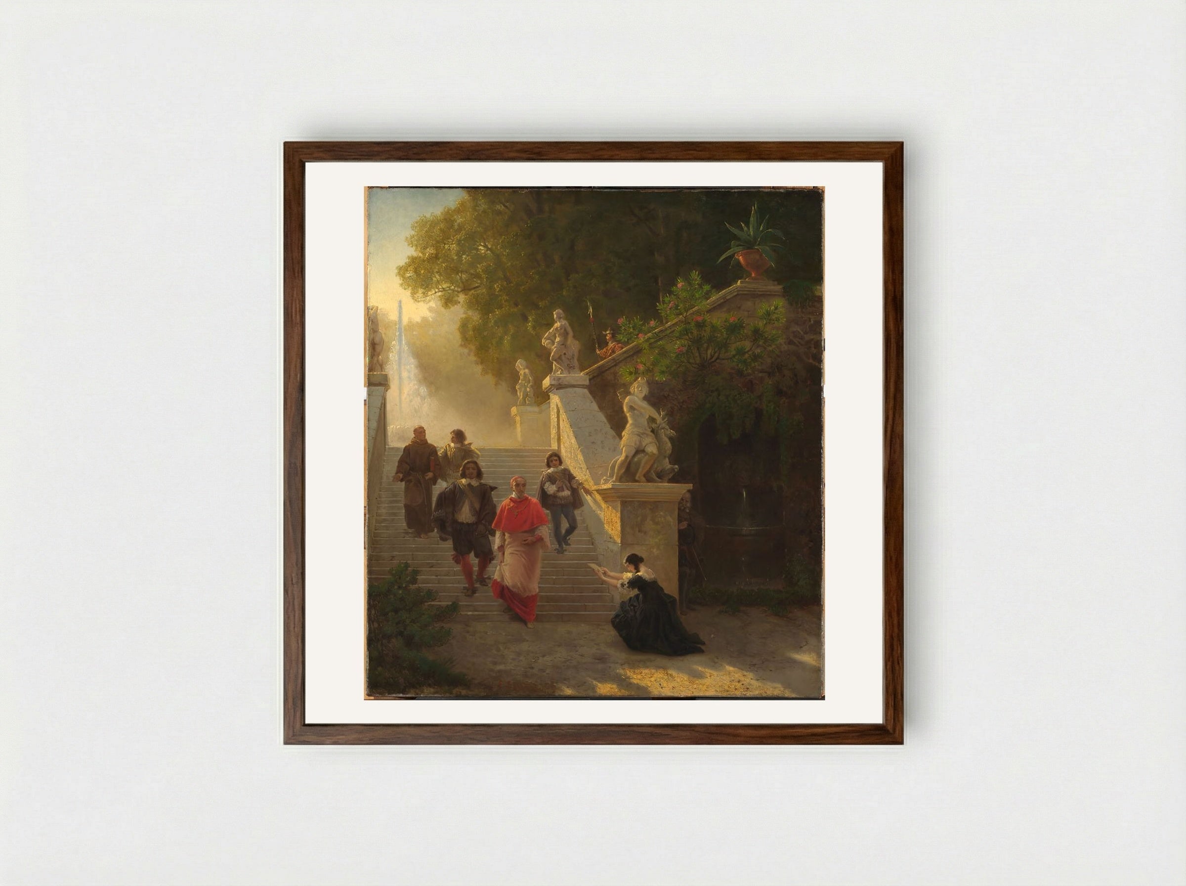 A Cardinal and his Entourage in a Park - Emanuel Gottlieb Leutze - Framed Print Dark Wood