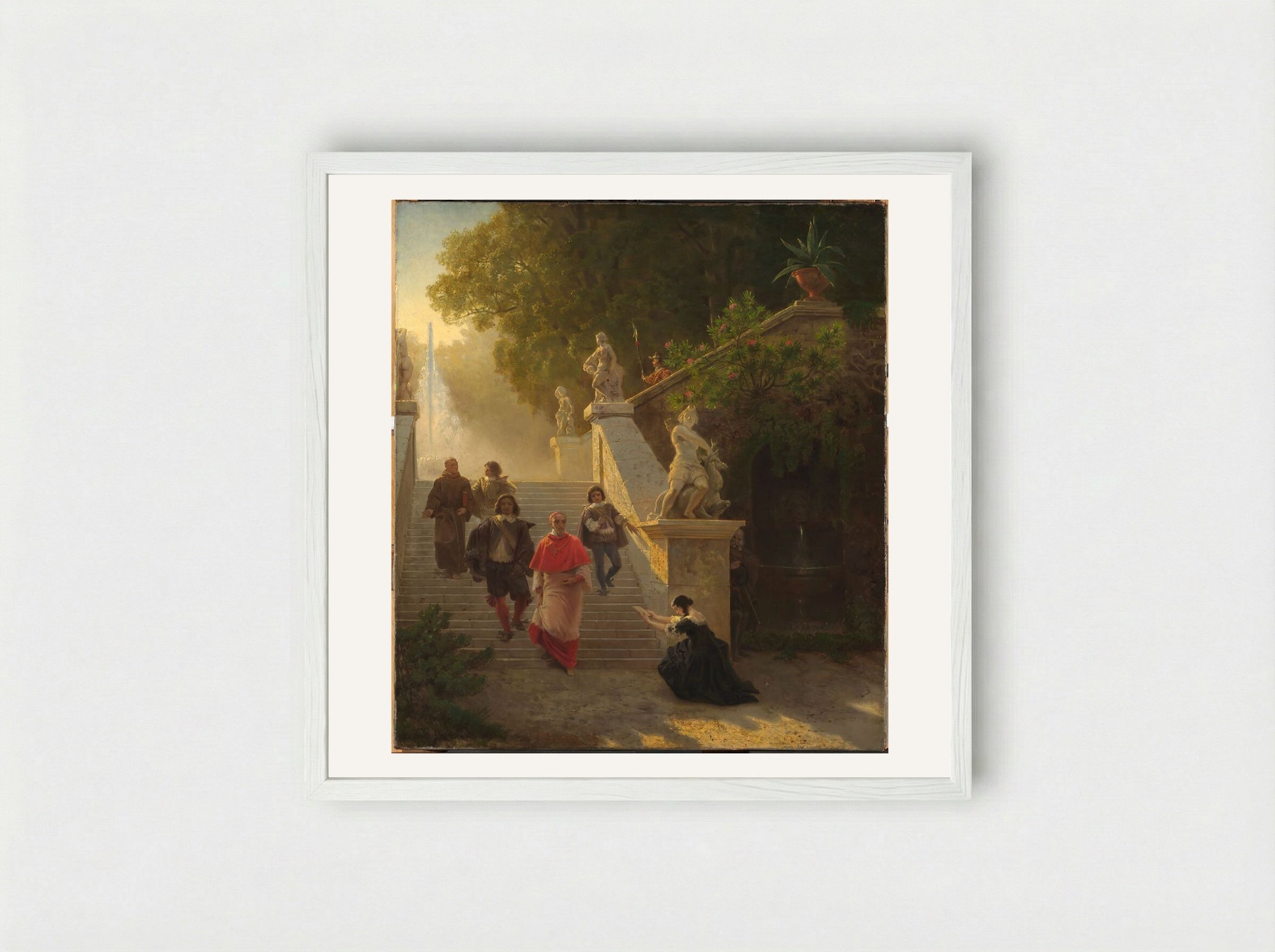 A Cardinal and his Entourage in a Park - Emanuel Gottlieb Leutze - Framed Print White