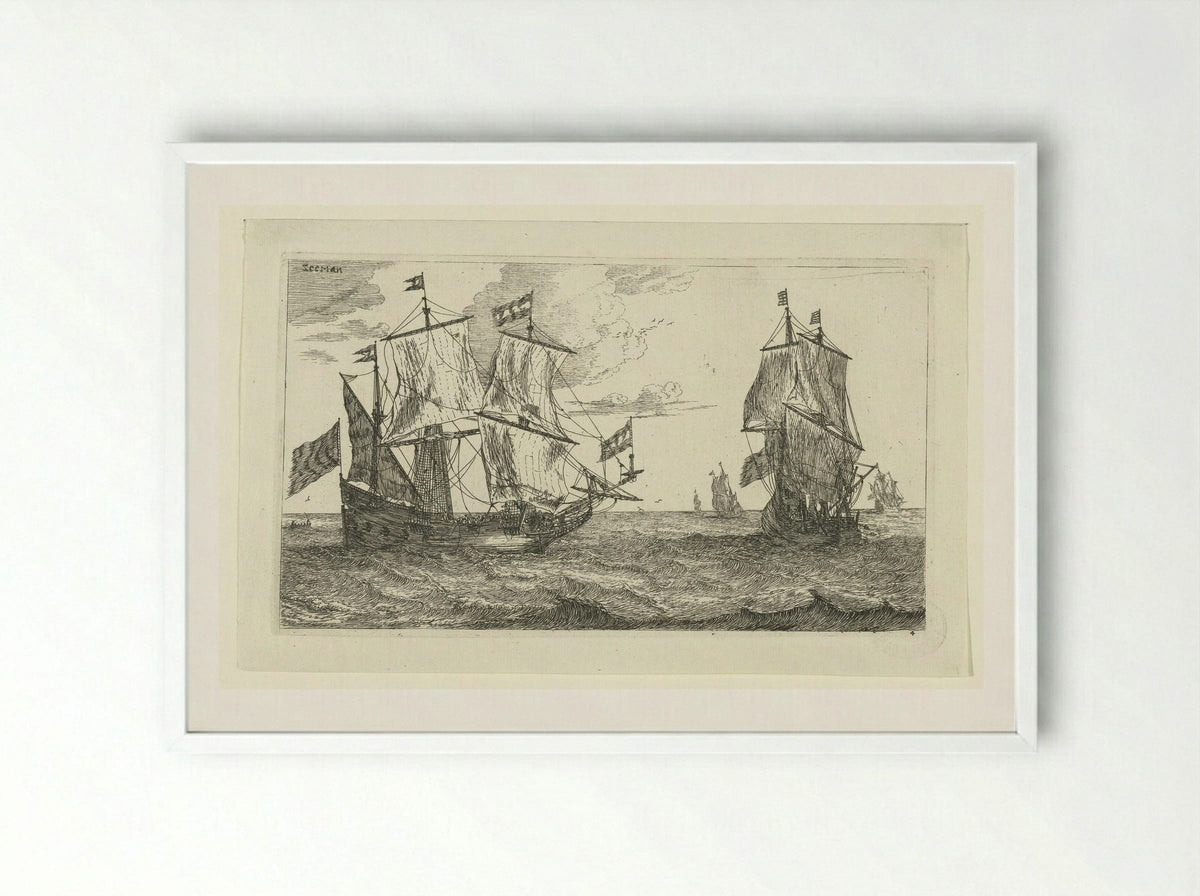 Twee grote zeilschepen met vlaggen - Jacques van Merlen - Framed Print White