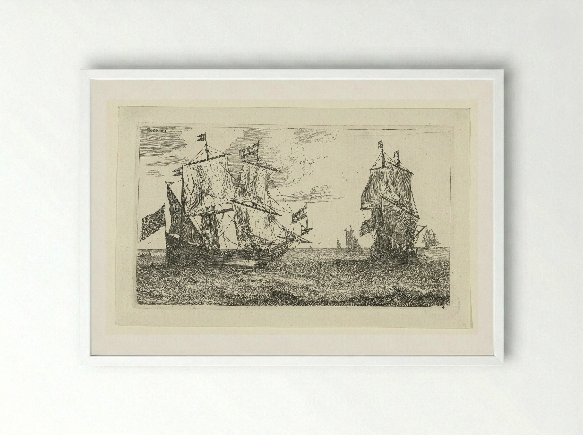 Twee grote zeilschepen met vlaggen - Jacques van Merlen - Framed Print White