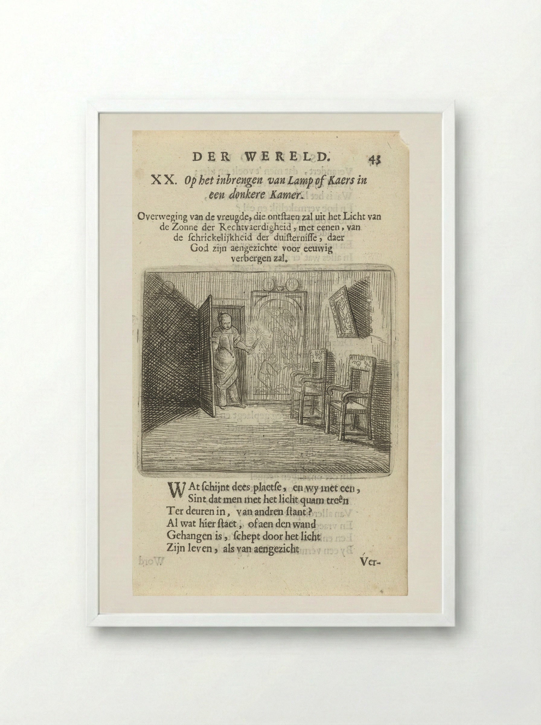 Vrouw met kaars in een duistere kamer - Arnold Houbraken - Framed Print White