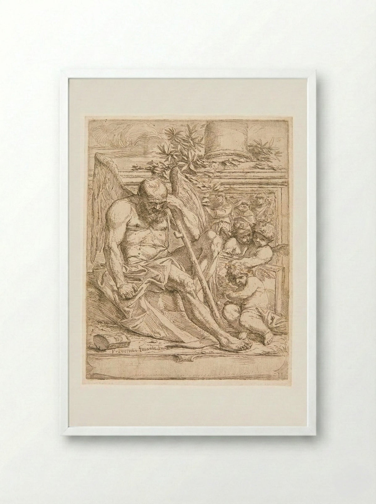 Saturn, Seated with three Putti Holding a Painting - Giovanni Francesco Grimaldi - Framed Print White
