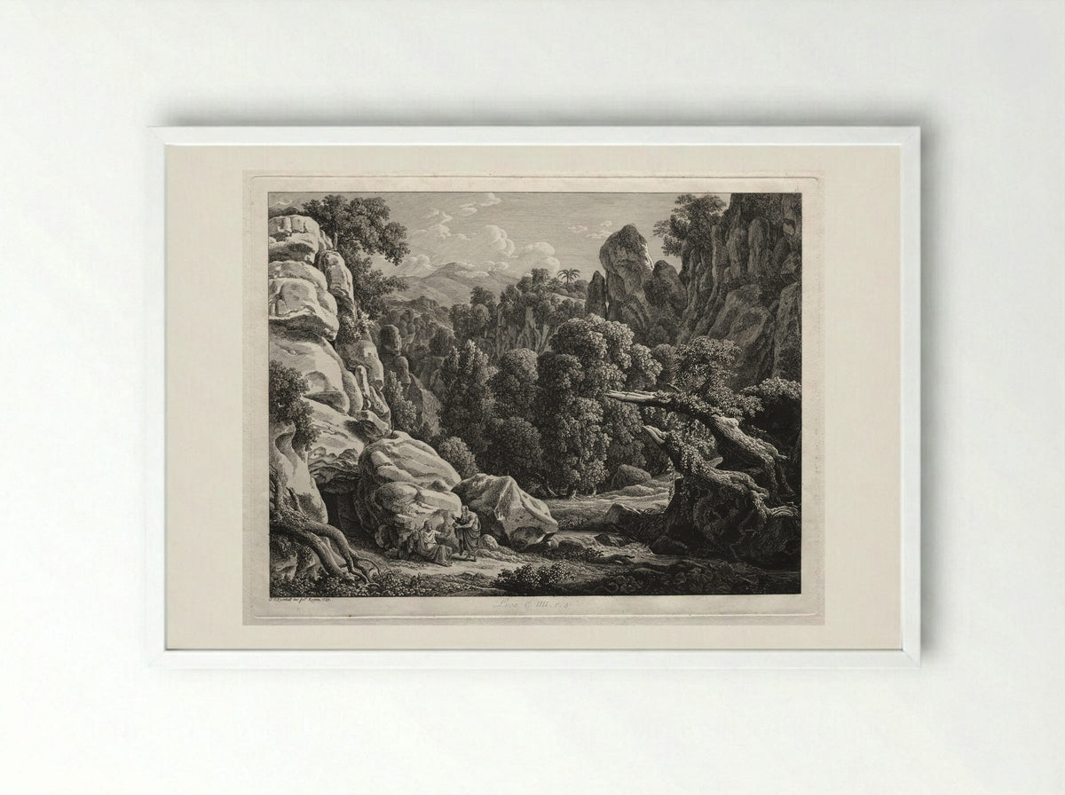 Heroic Landscape: The Satyr and the Nymph - Johann Christian Reinhart - Framed Print White
