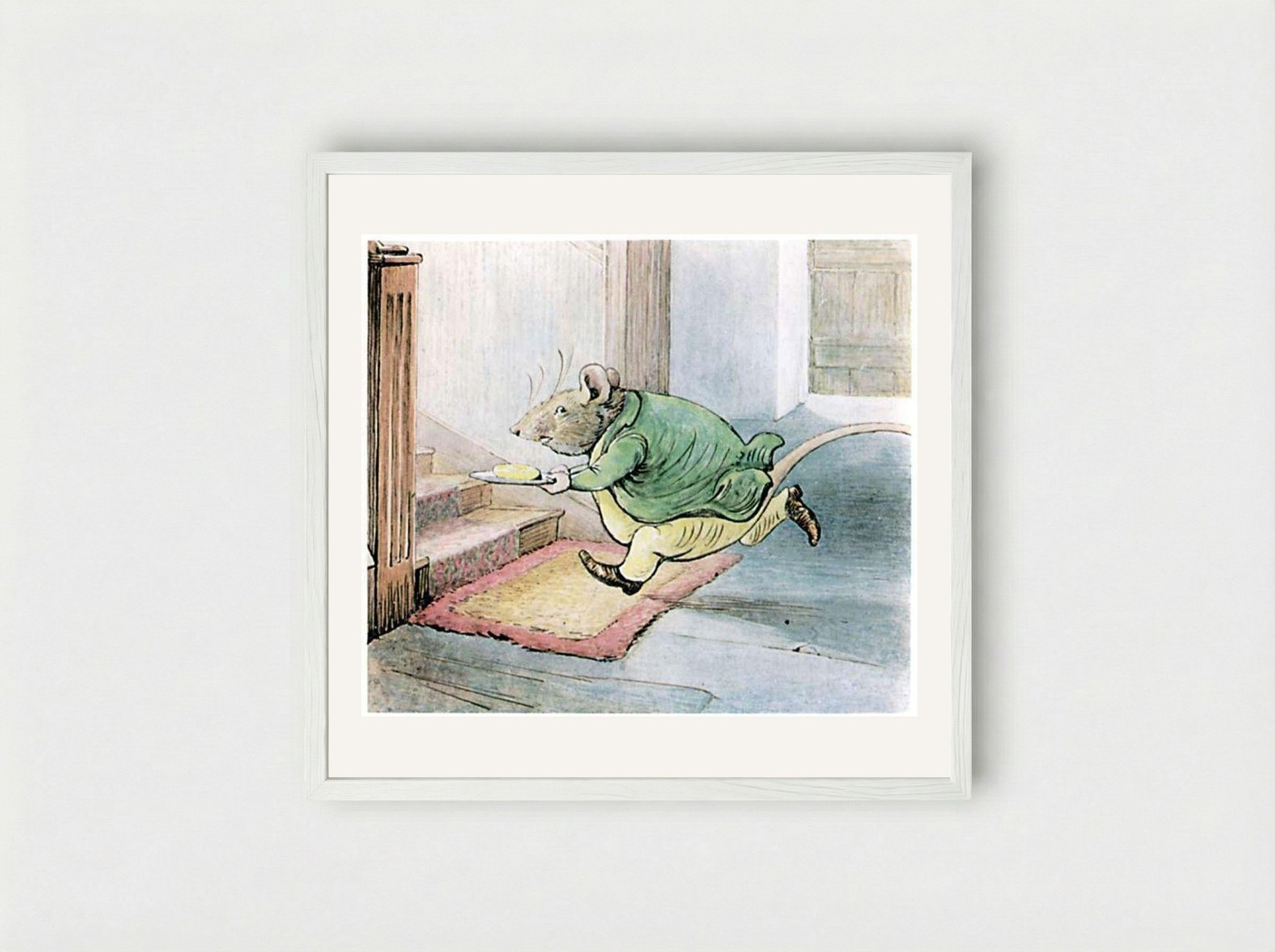 Samuel Whiskers Carrying Butter - Beatrix Potter - Framed Print White