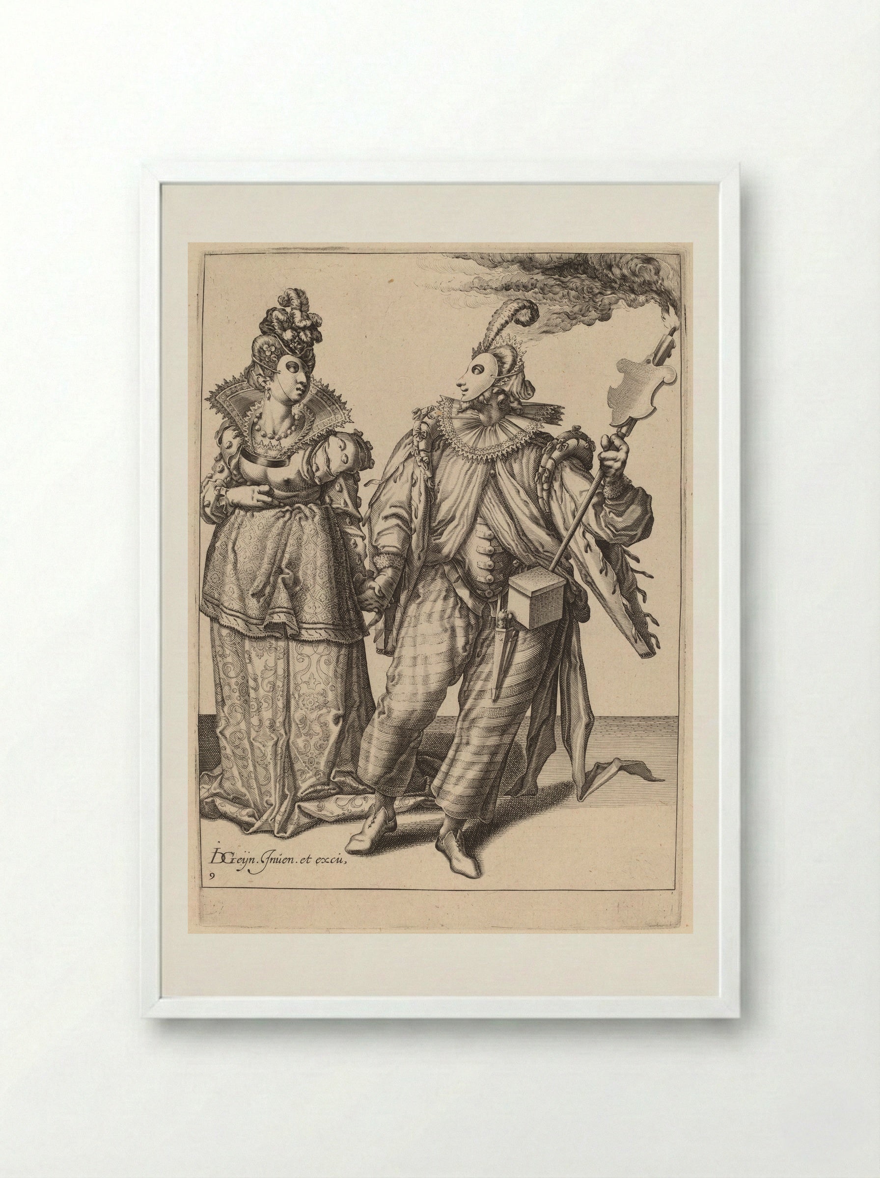 A Man with a Turban Leading a Woman Who is Wearing Peacock Feathers, Behind Them a Torch-Bearer - Zacharias Dolendo - Framed Print White