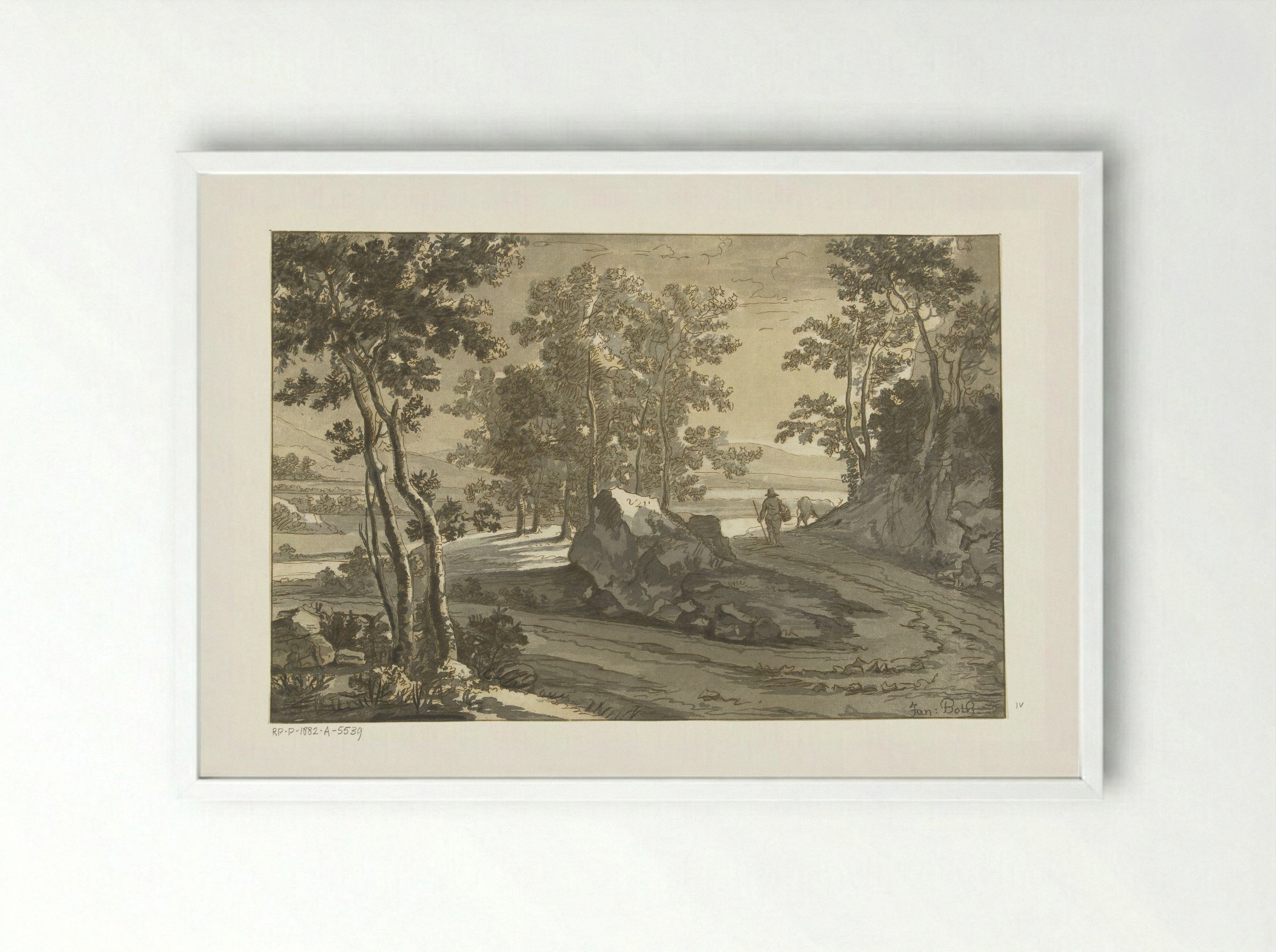 Wooded Landscape with a Drover - Jan Both - Framed Print White