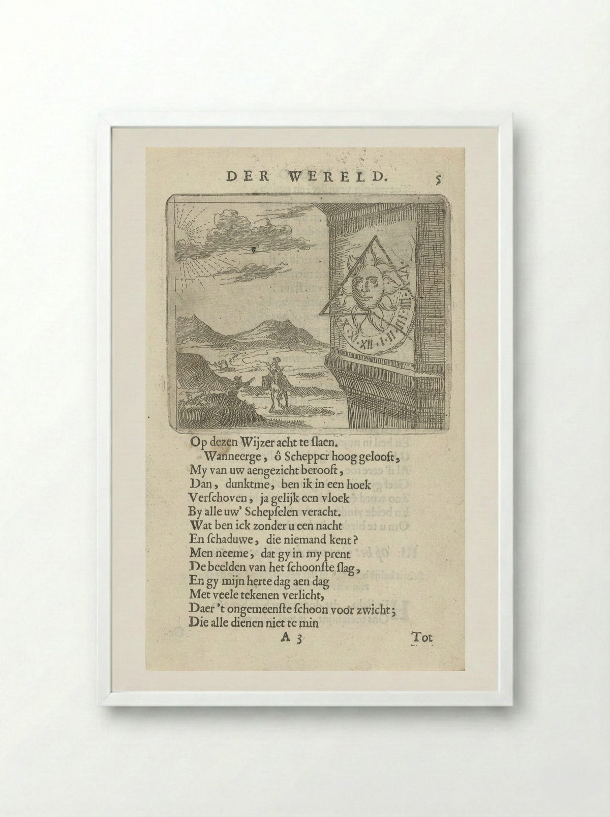 Zonnewijzer in een landschap met twee figuren - Arnold Houbraken - Framed Print White