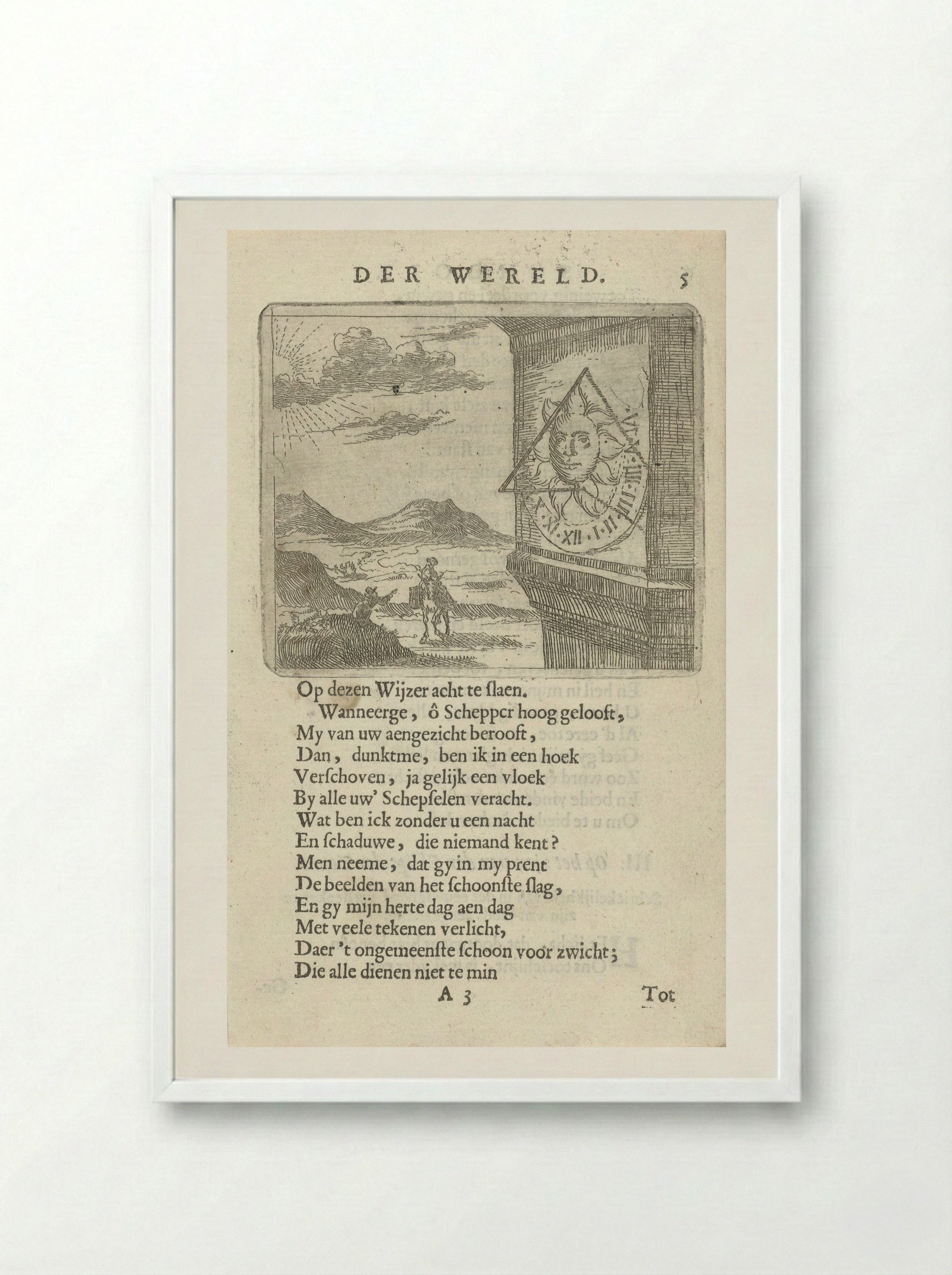 Zonnewijzer in een landschap met twee figuren - Arnold Houbraken - Framed Print White