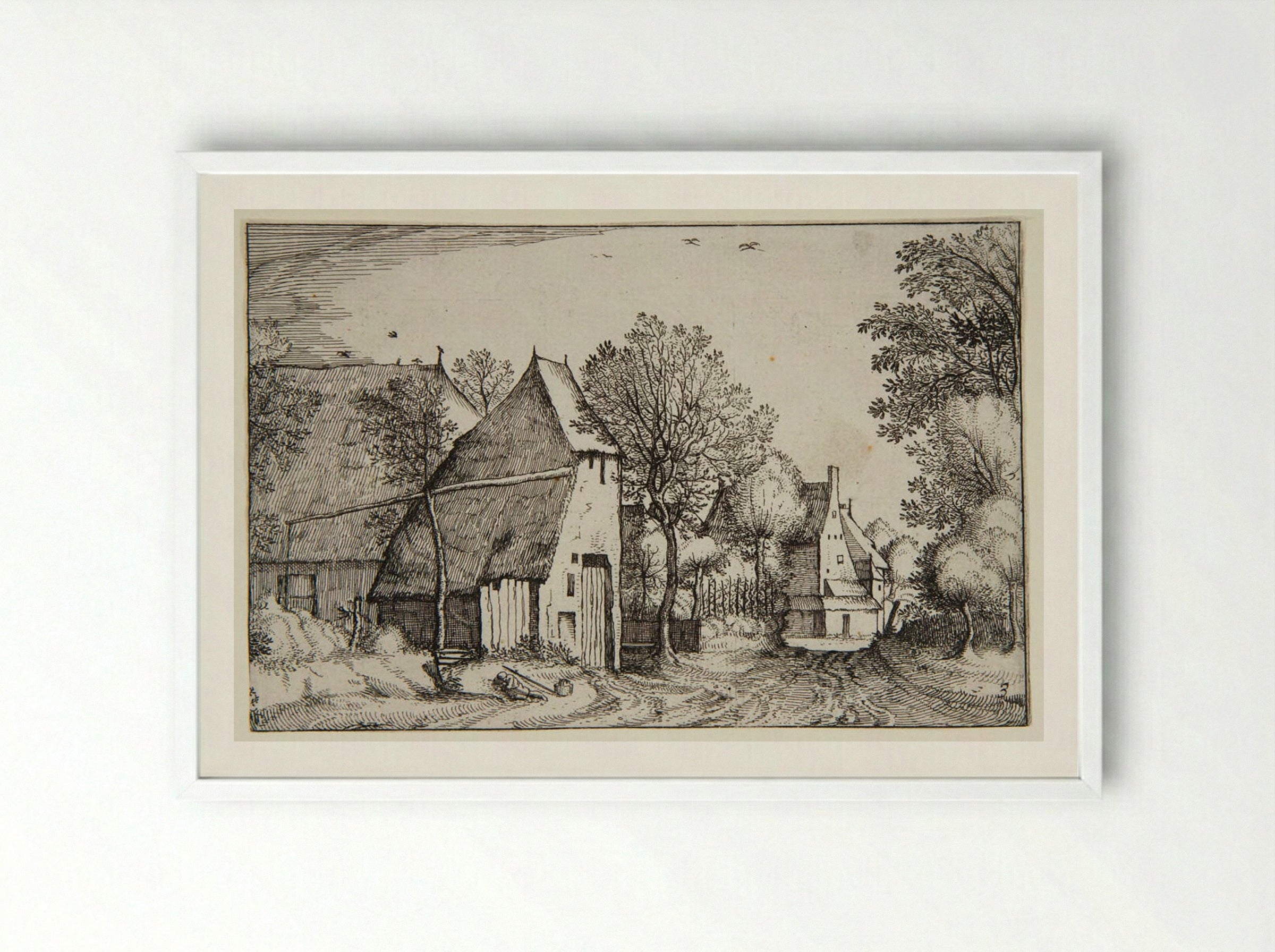 View of a Village with a Traveler Sleeping - Claes Jansz. Visscher - Framed Print White