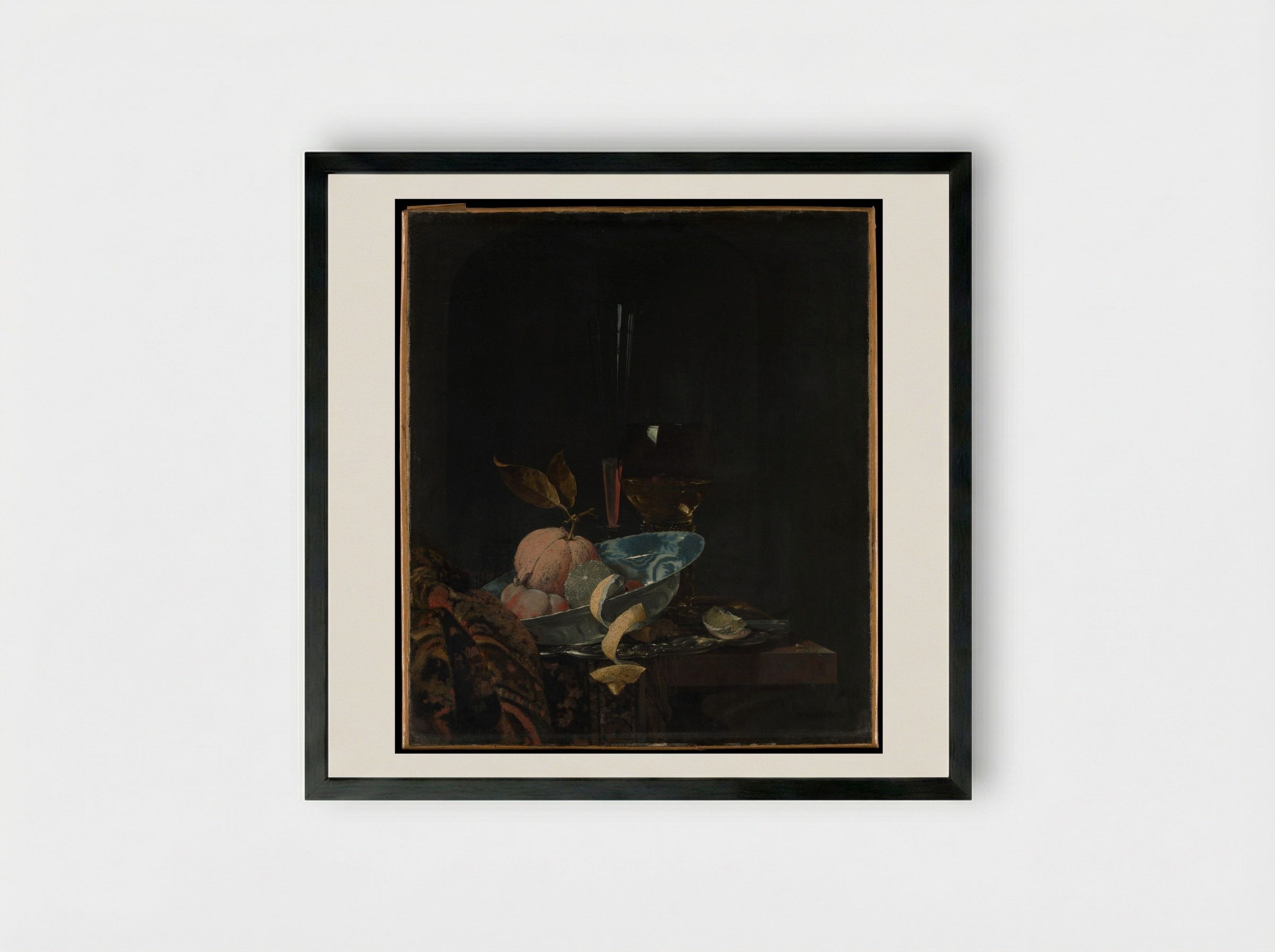 Still Life with Fruit, Glassware, and a Wanli Bowl - Willem Kalf - Framed Print Black