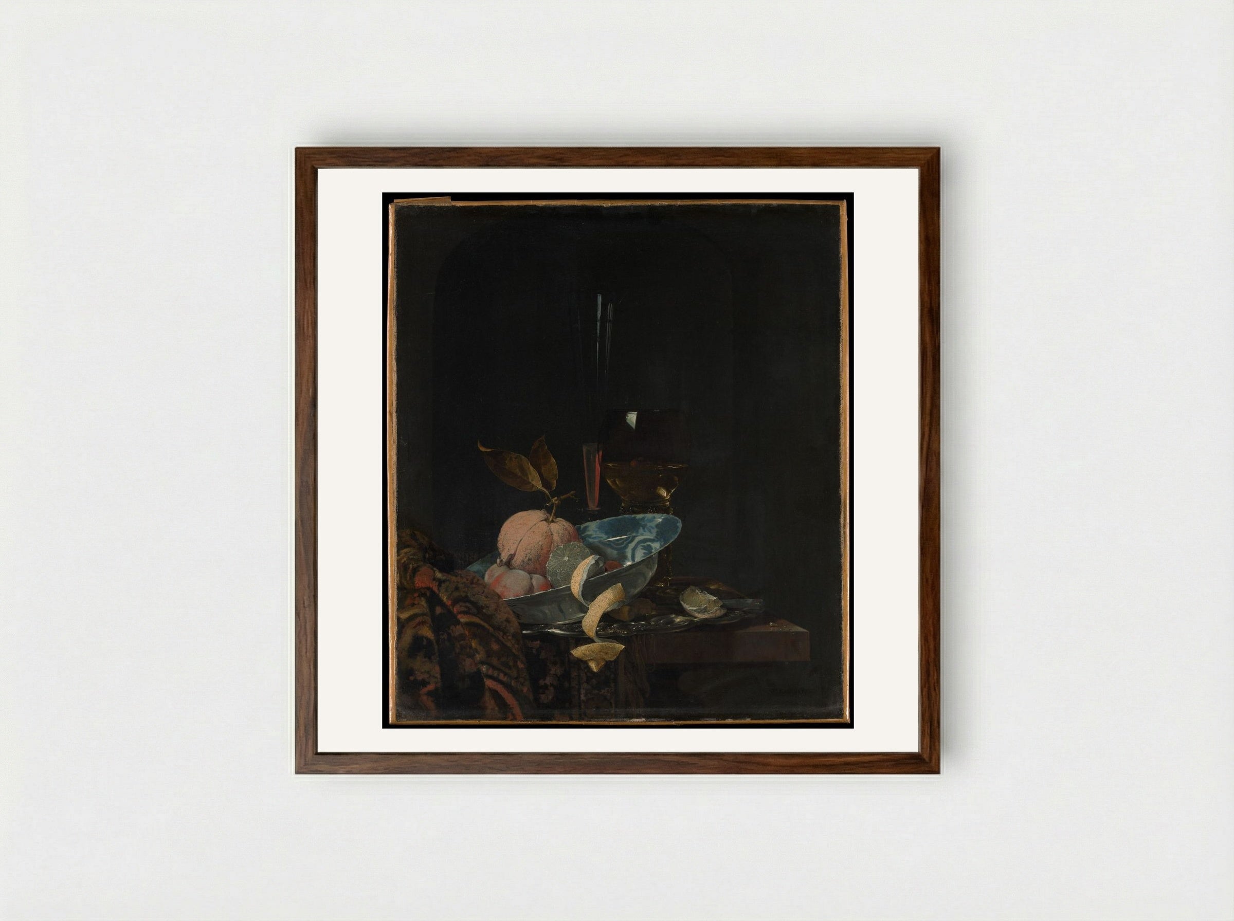 Still Life with Fruit, Glassware, and a Wanli Bowl - Willem Kalf - Framed Print Dark Wood