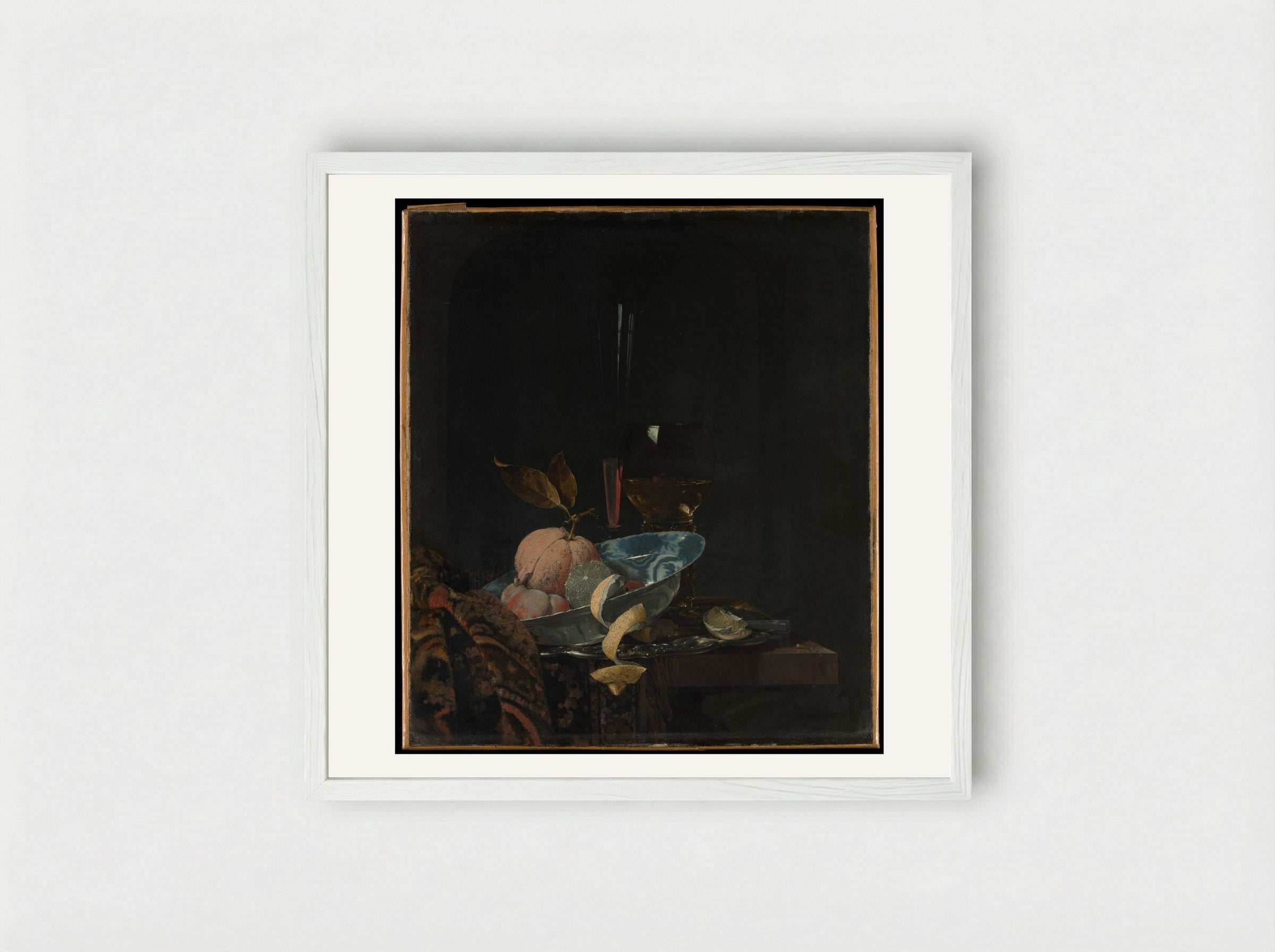 Still Life with Fruit, Glassware, and a Wanli Bowl - Willem Kalf - Framed Print White