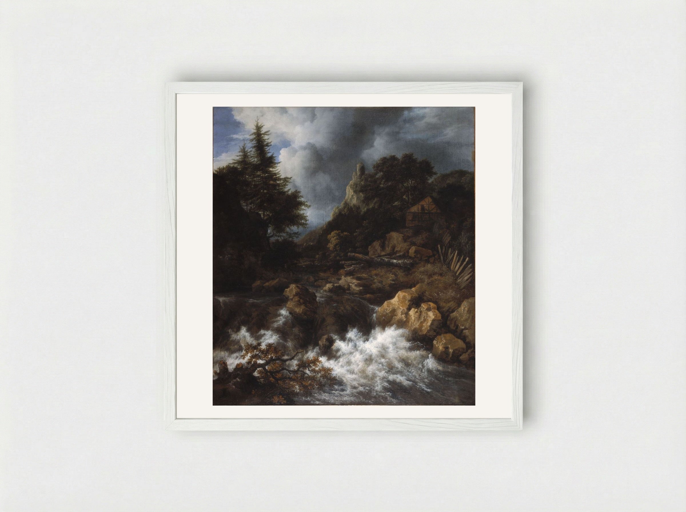 Waterfall with a Half-Timbered House and Castle - Jacob van Ruisdael - Framed Print White