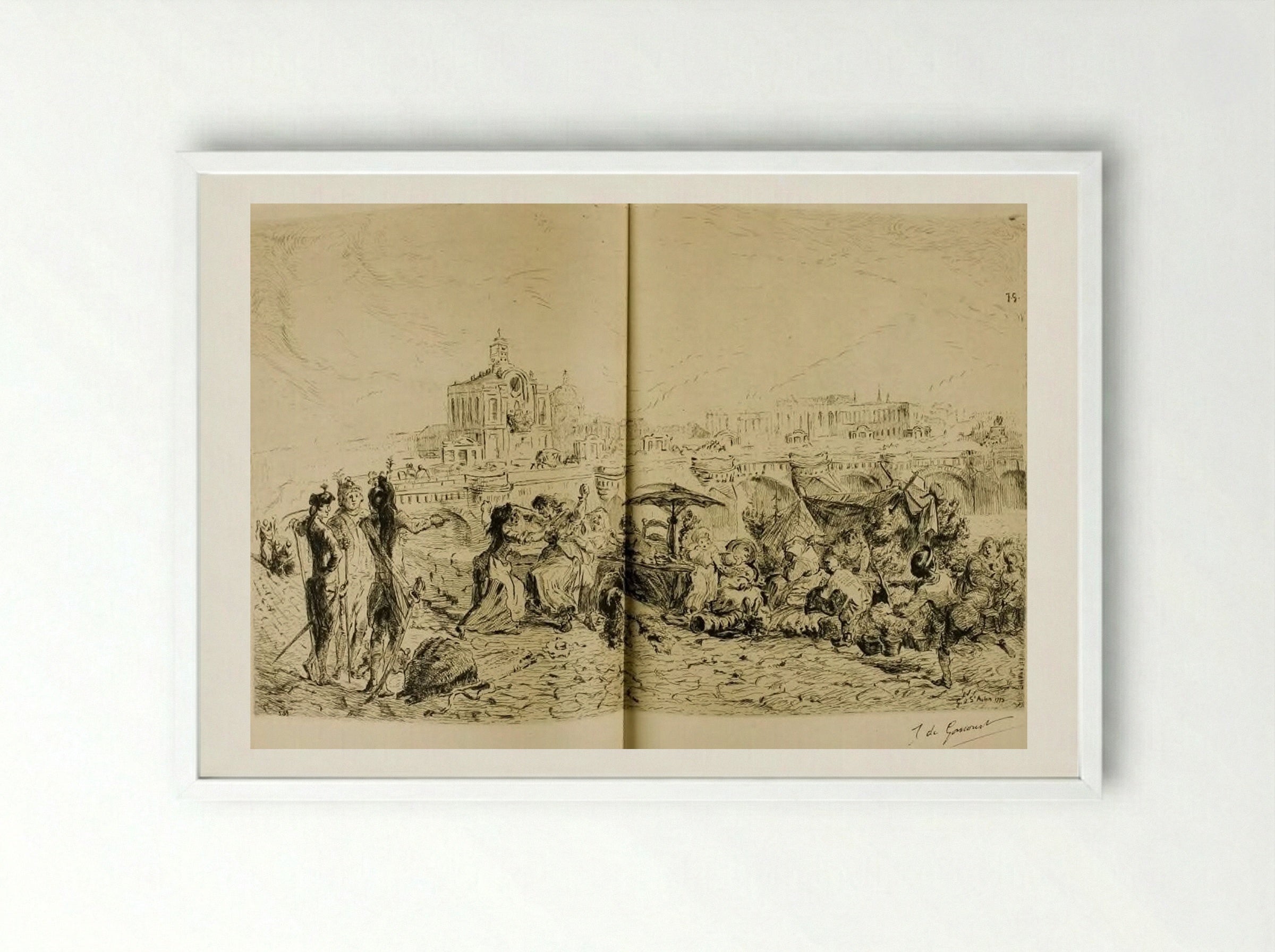 The Pont Neuf and the Samaritaine in 1775 - Jules de Goncourt - Framed Print White