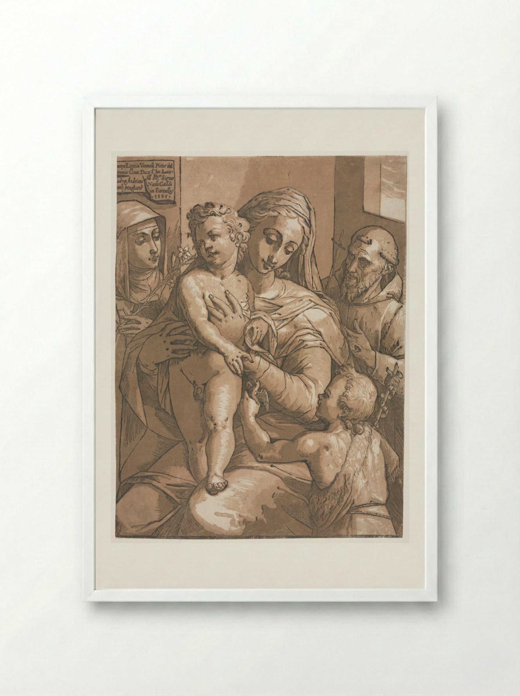 Virgin and Child with St. John, St. Catherine of Siena and St. Francis - Andrea Andreani - Framed Print White