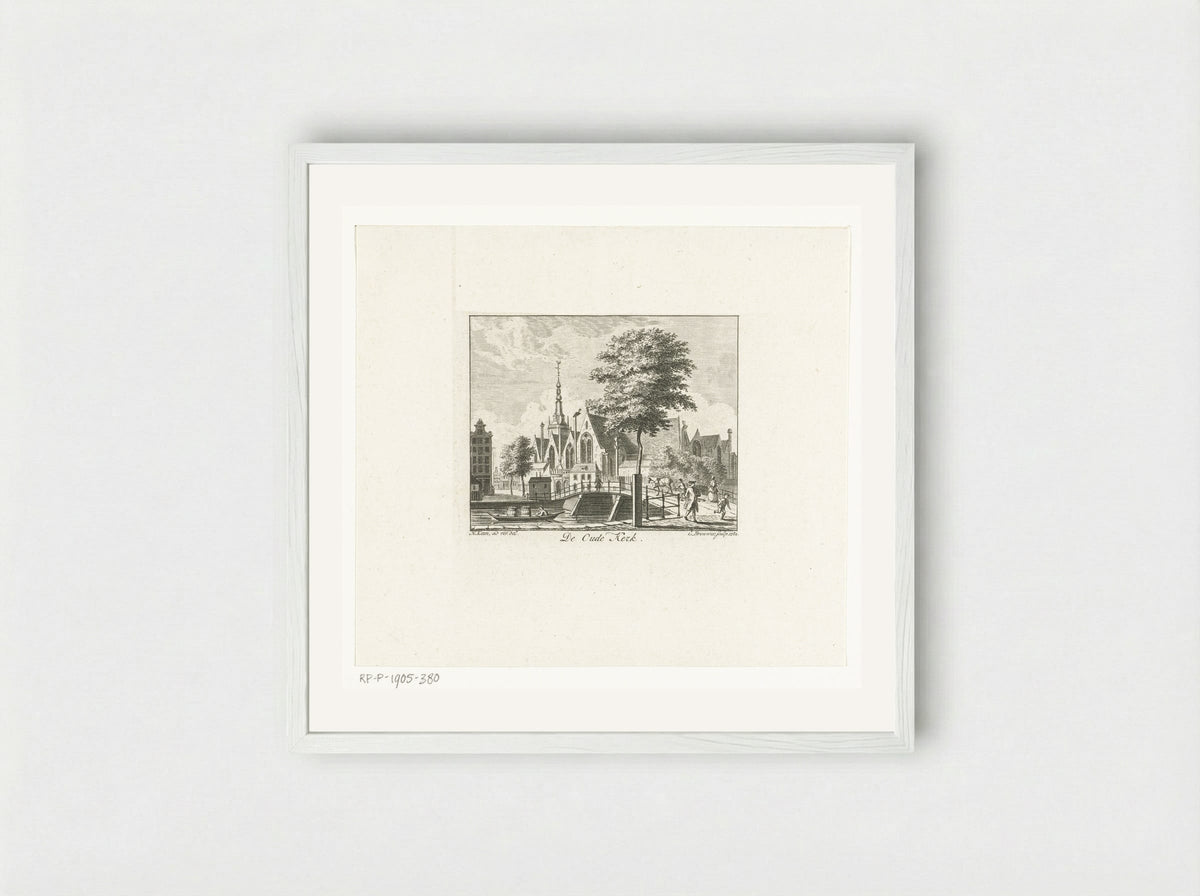 Stadsgezicht met Oude Kerk te Amsterdam - Cornelis Brouwer - Framed Print White