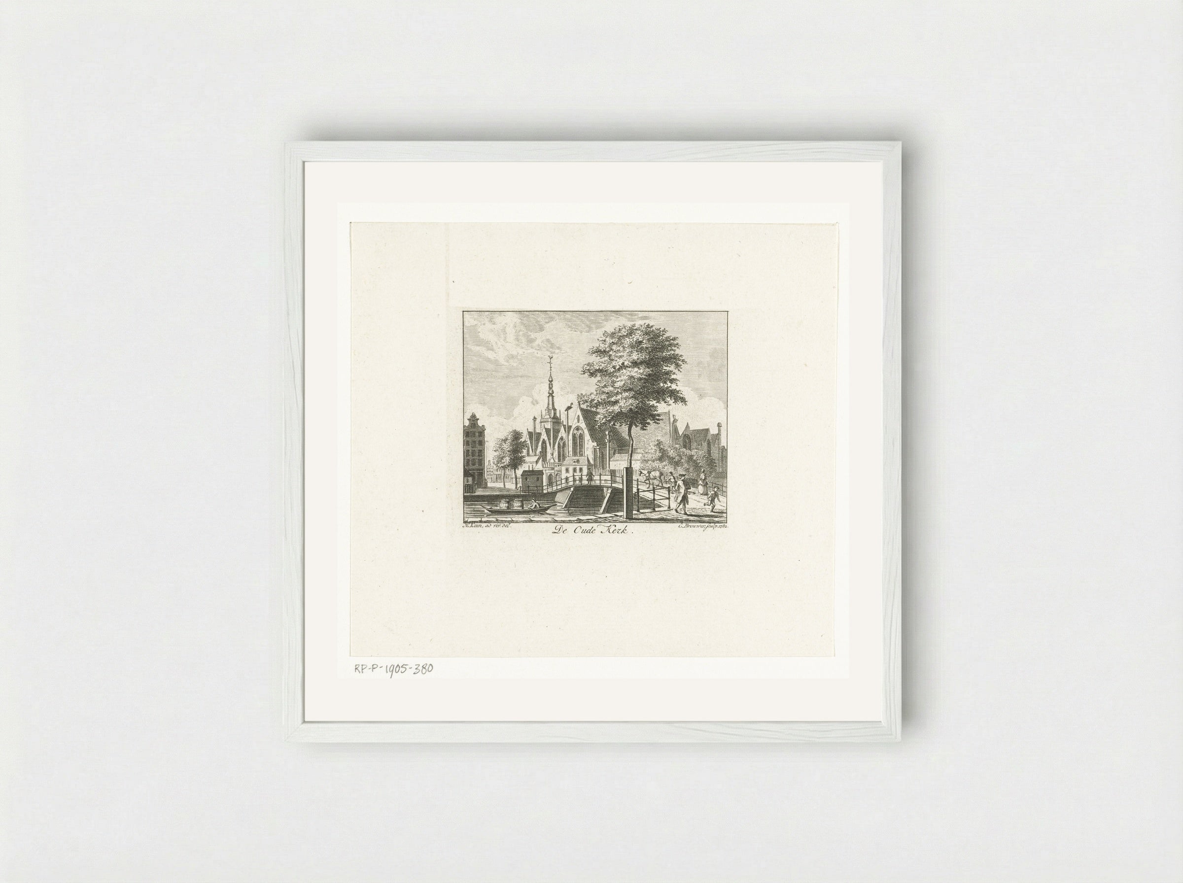 Stadsgezicht met Oude Kerk te Amsterdam - Cornelis Brouwer - Framed Print White