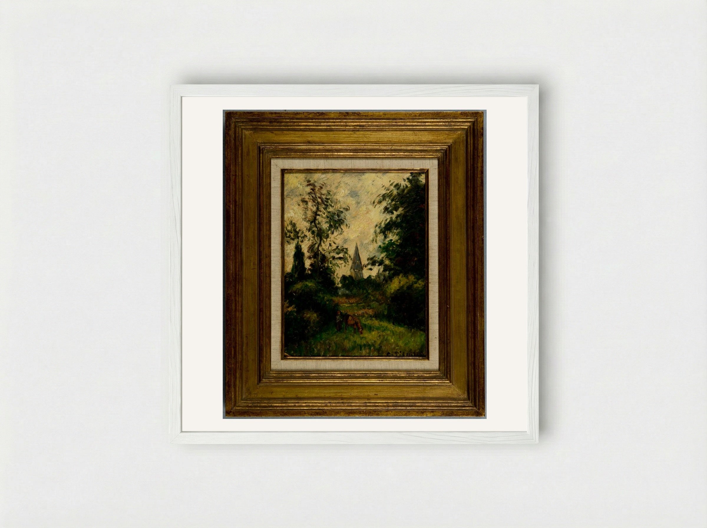 The Bell Tower at Bazancourt - Camille Pissarro - Framed Print White