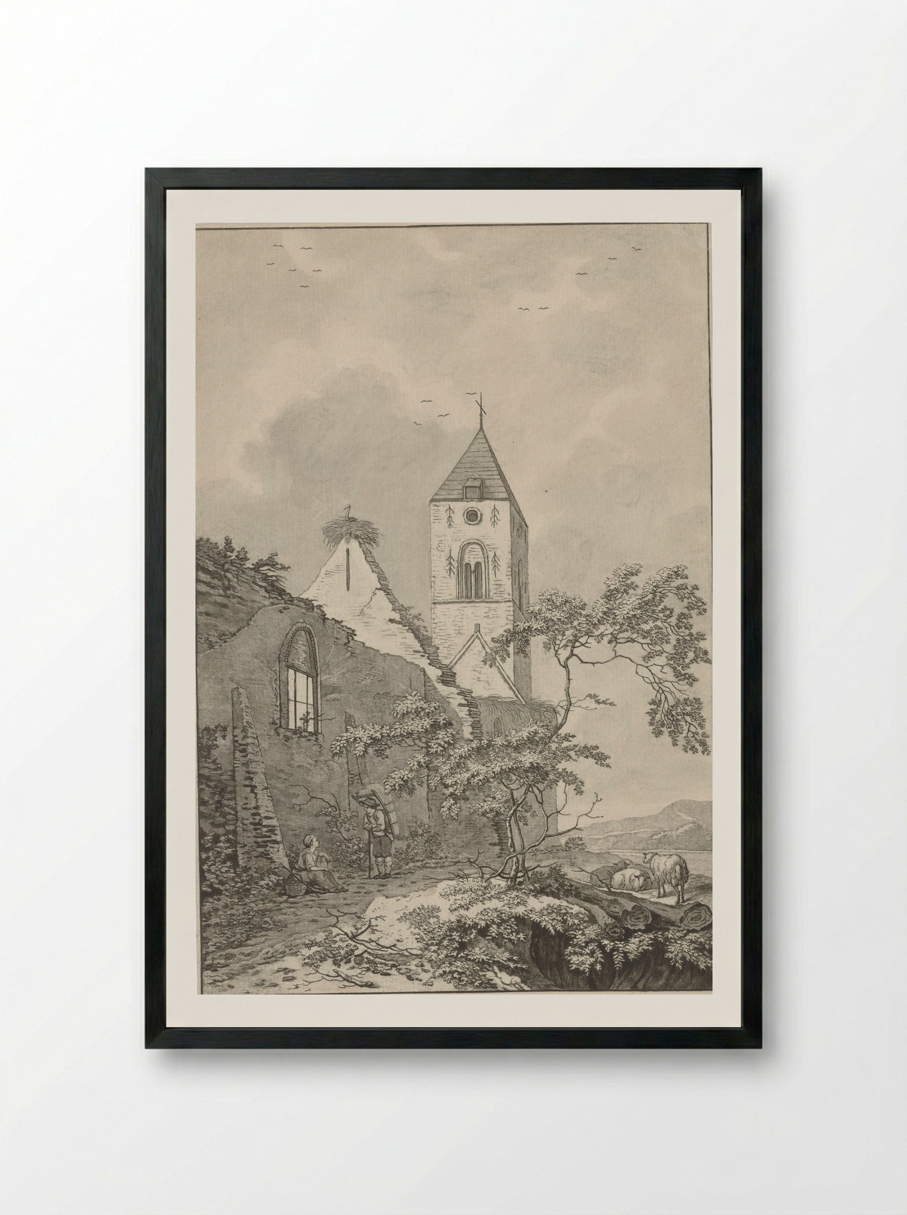 Two Resting Figures by a Church Ruin - Noach van der Meer (II) - Framed Print Black