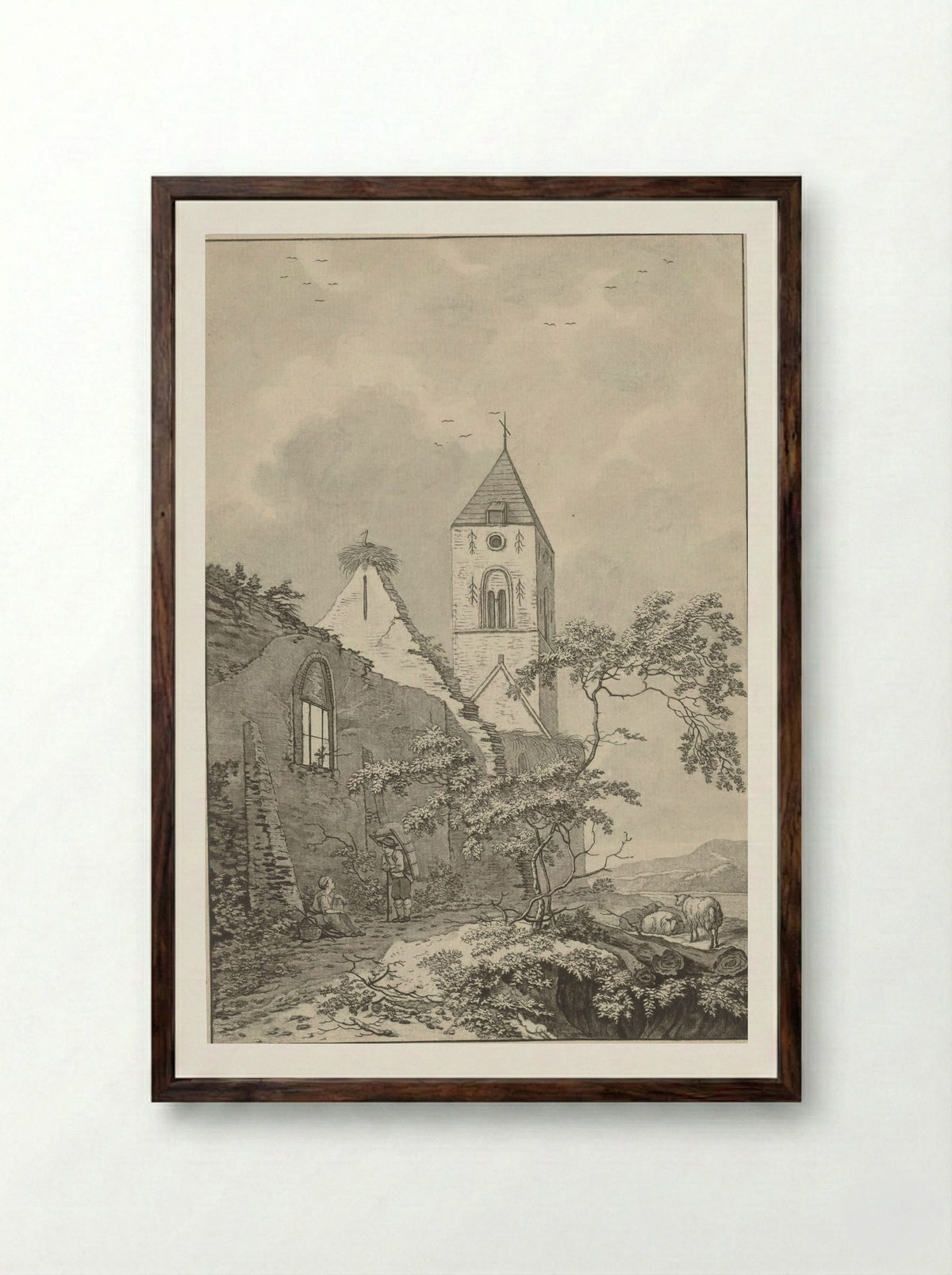 Two Resting Figures by a Church Ruin - Noach van der Meer (II) - Framed Print Dark Wood