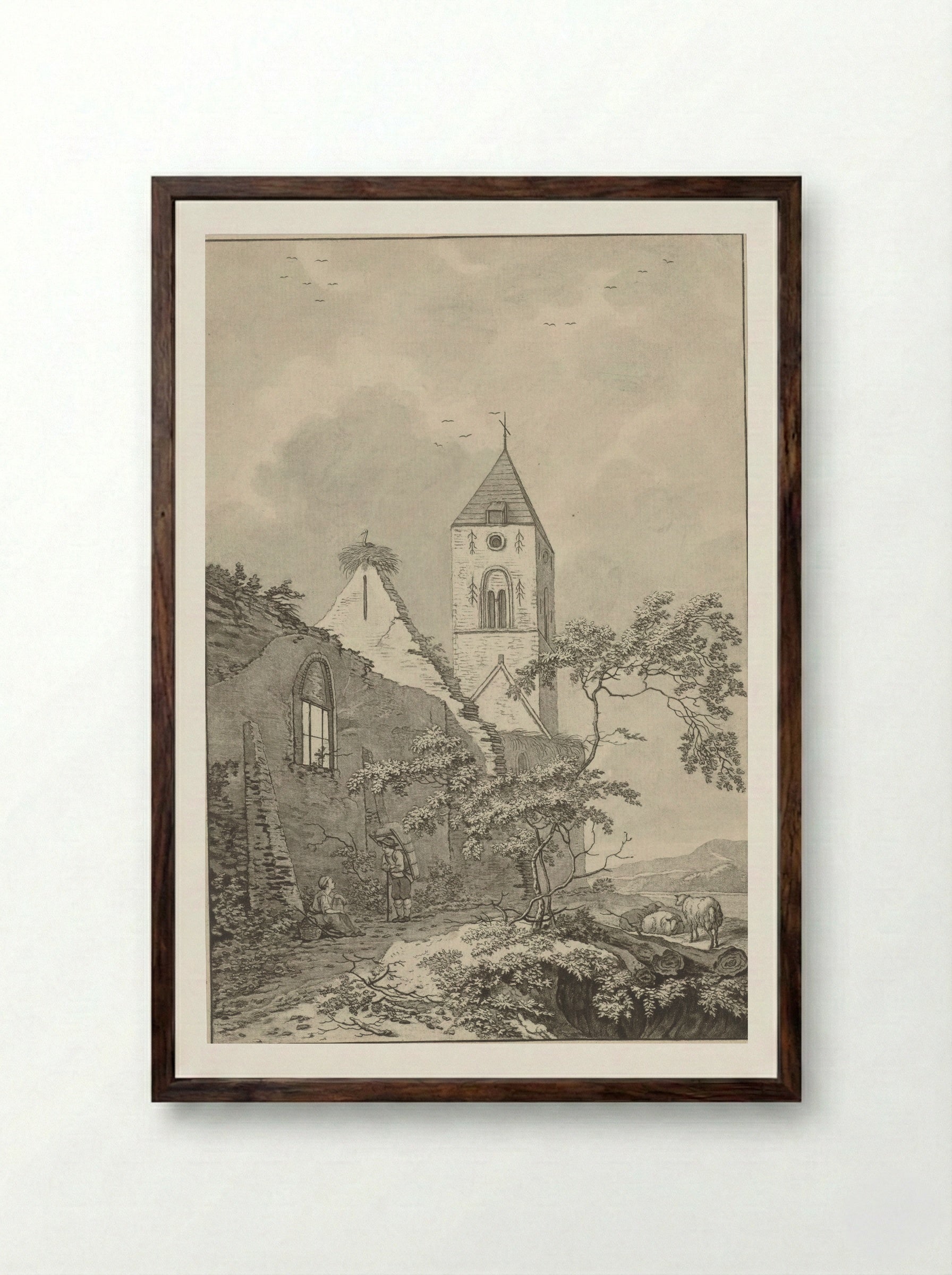 Two Resting Figures by a Church Ruin - Noach van der Meer (II) - Framed Print Dark Wood
