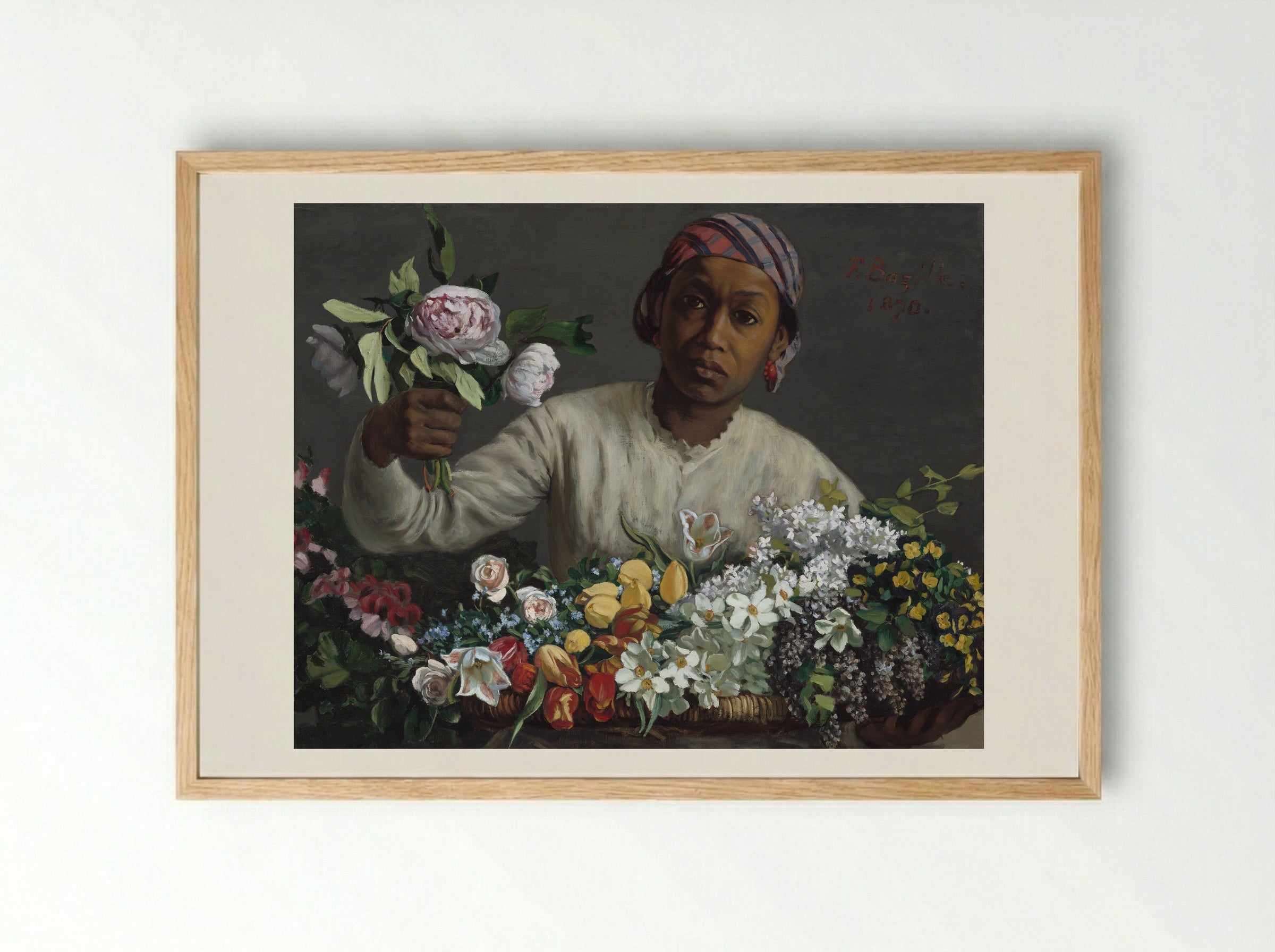 Young Woman with Peonies - Frederic Bazille - Framed Print Wood