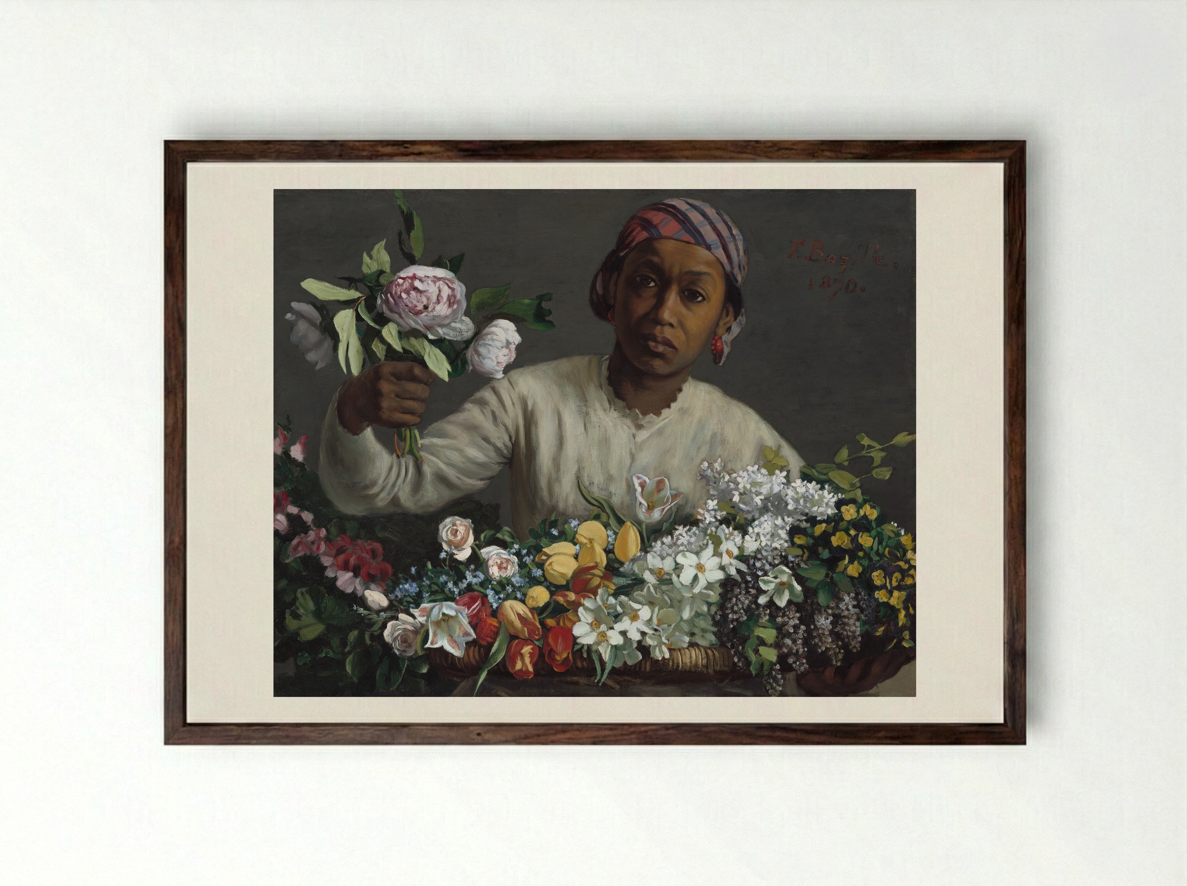 Young Woman with Peonies - Frederic Bazille - Framed Print Dark Wood