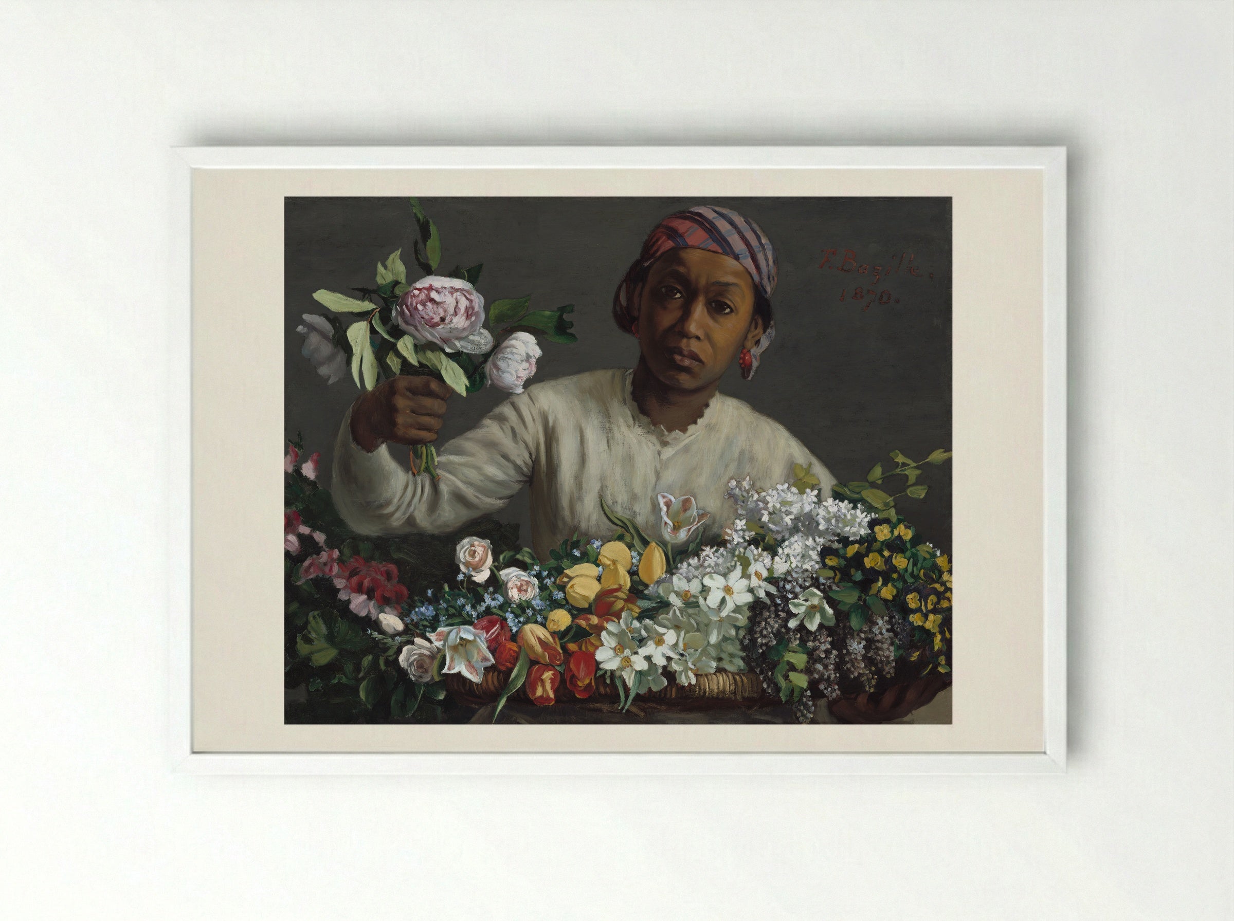 Young Woman with Peonies - Frederic Bazille - Framed Print White