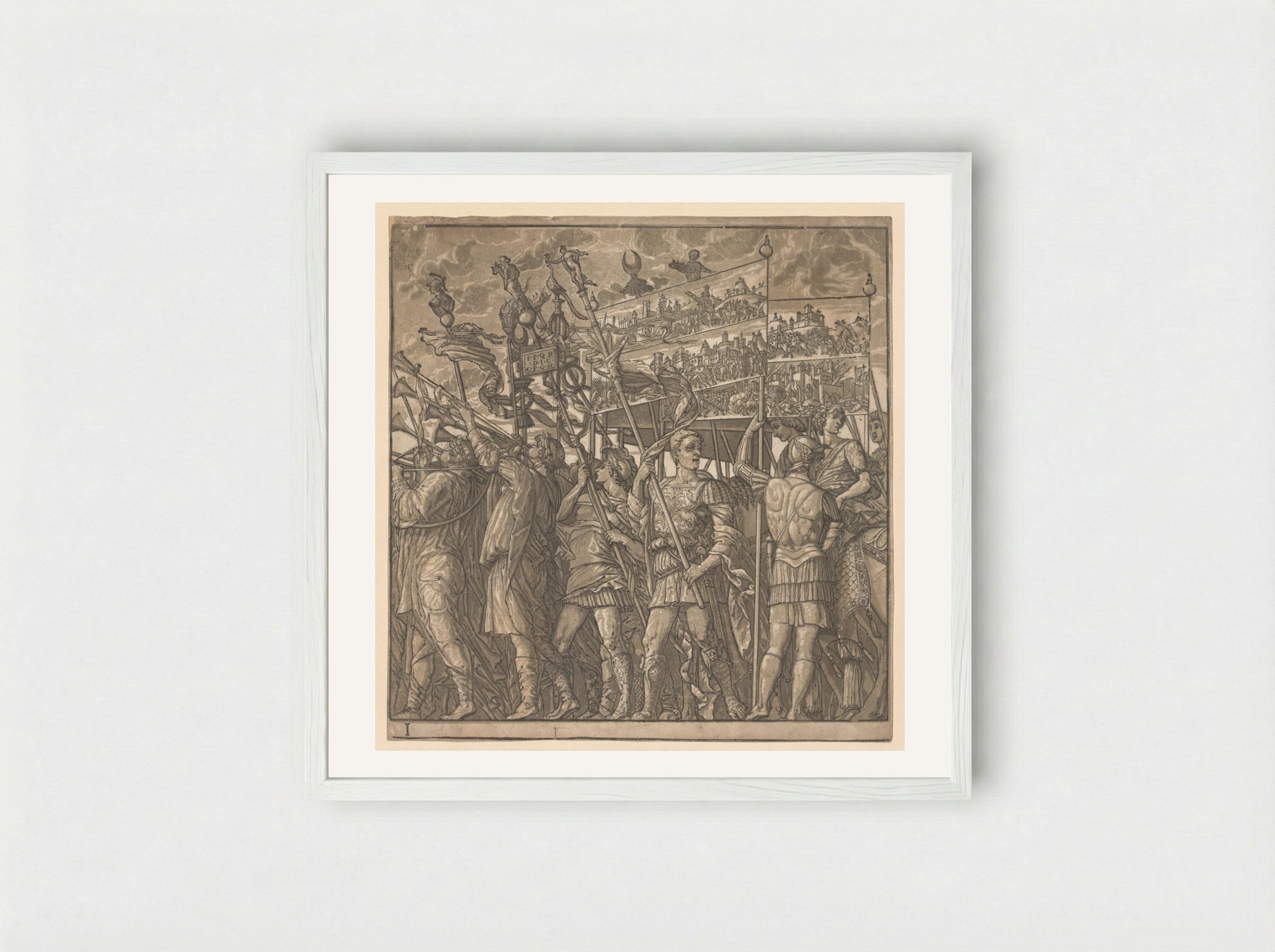 The Triumph of Julius Caesar: Soldiers Carrying the Pictures of War - Andrea Andreani - Framed Print White