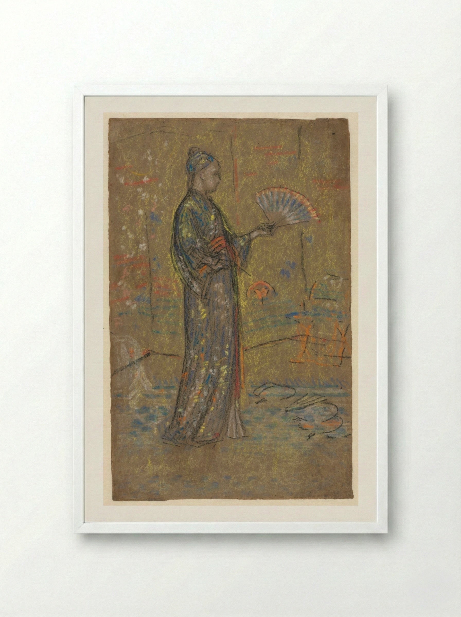 Japanese Woman Painting a Fan (recto) - James McNeill Whistler - Framed Print White