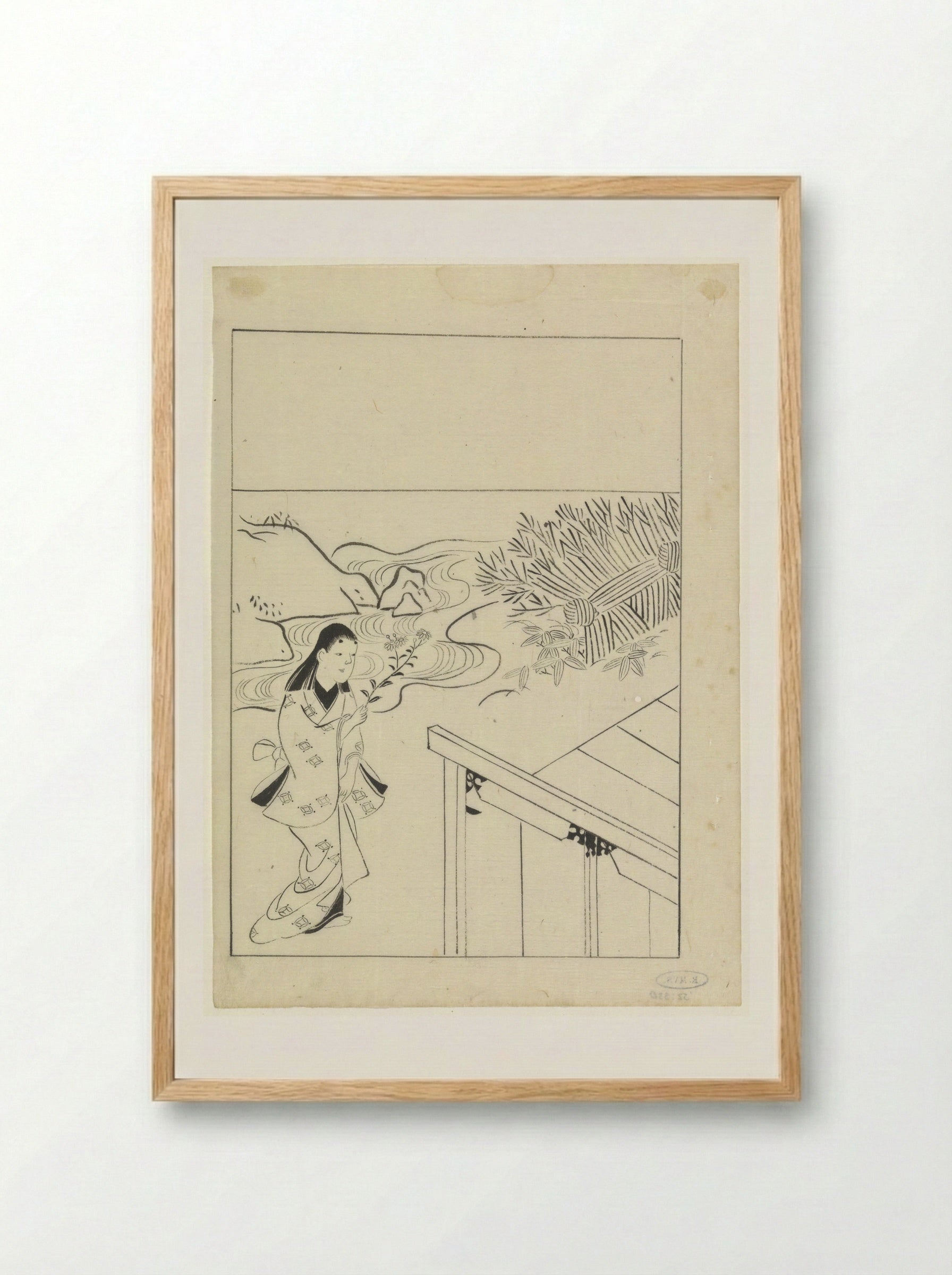 Woman with a Flowering Branch in a Garden - Hishikawa Moronobu - Framed Print Wood