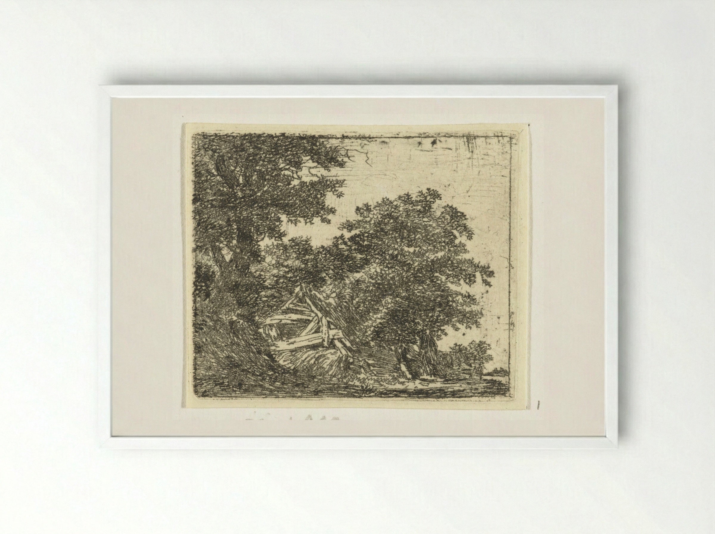 Vervallen hut in bos - Hermanus van Brussel - Framed Print White