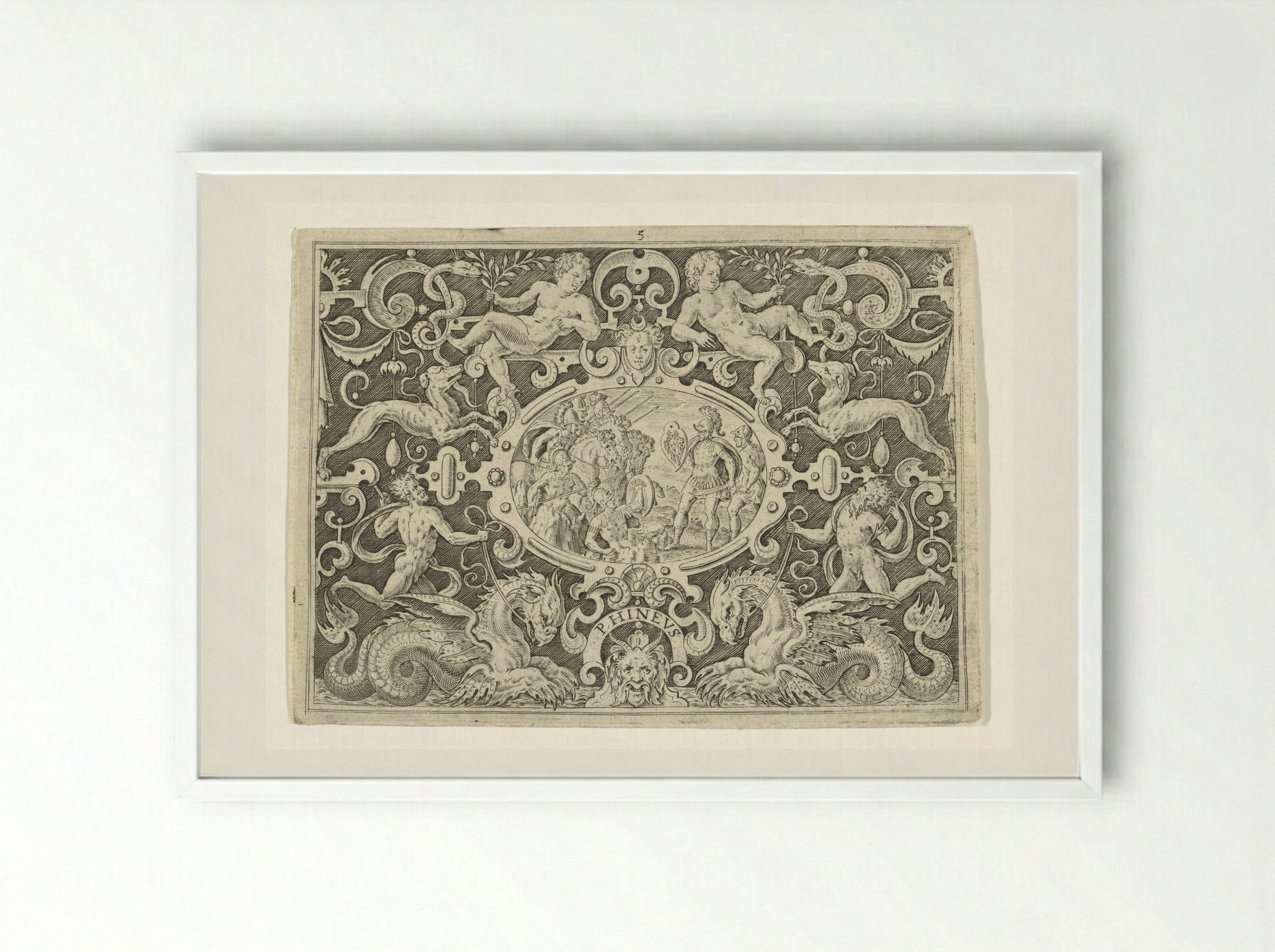 Cartouche: Perseus toont zijn Medusaschild aan Phineus - Abraham de Bruyn - Framed Print White