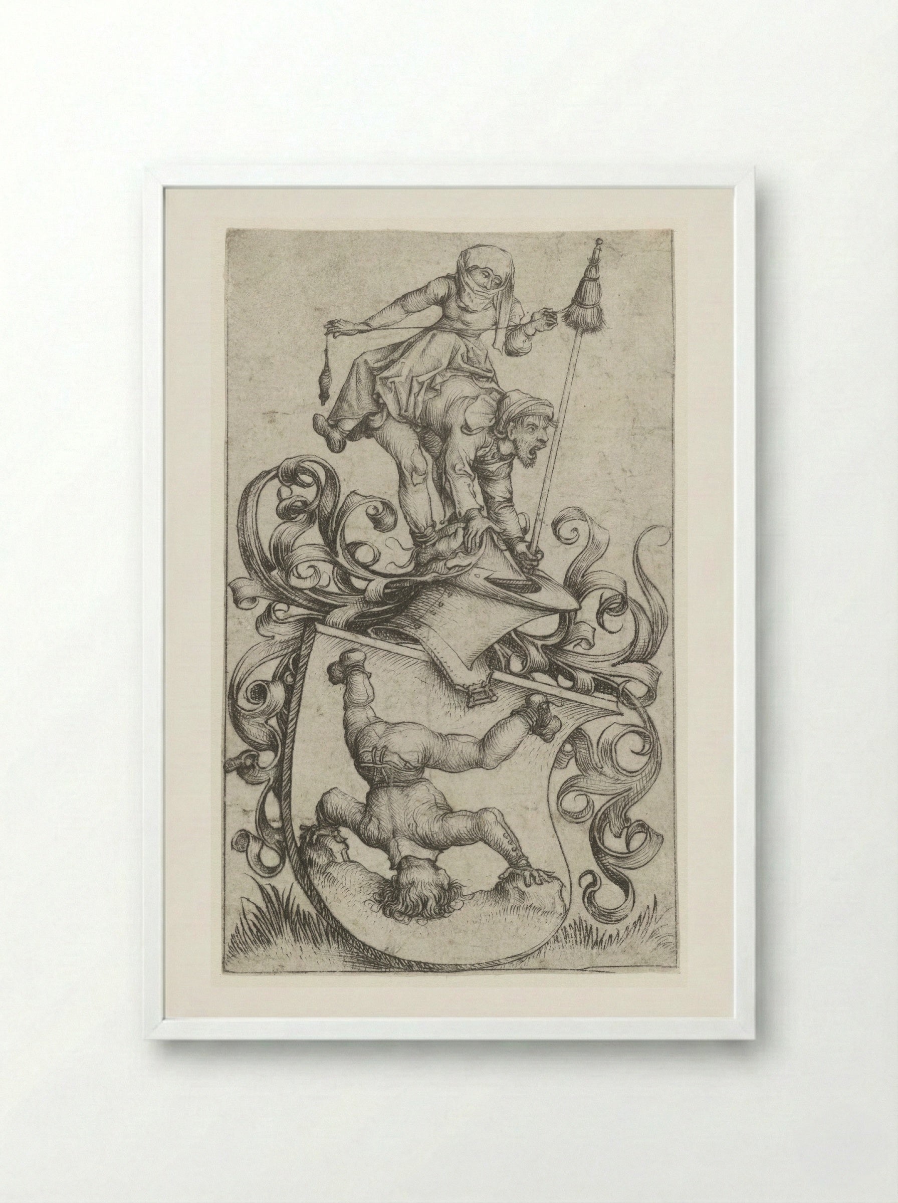 Coat of Arms with a Peasant Standing on His Head - Master of the Amsterdam Cabinet - Framed Print White