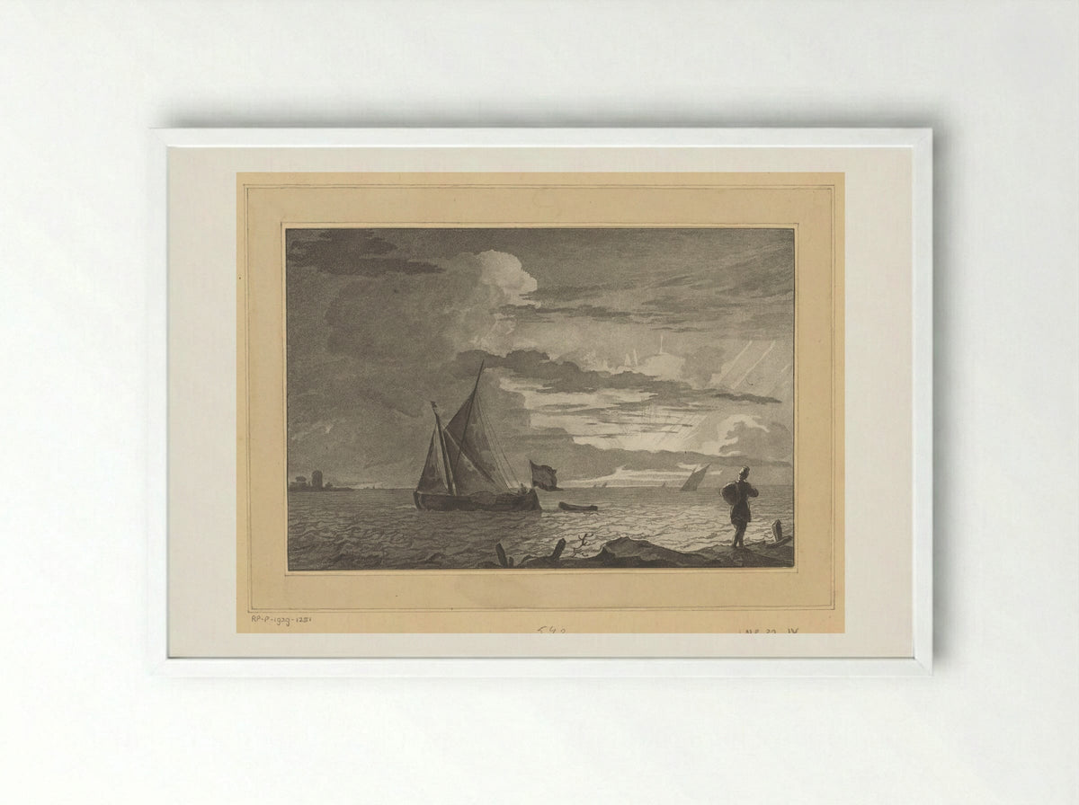 Man with a Sack on His Shoulder at Sunrise - Cornelis Brouwer - Framed Print White