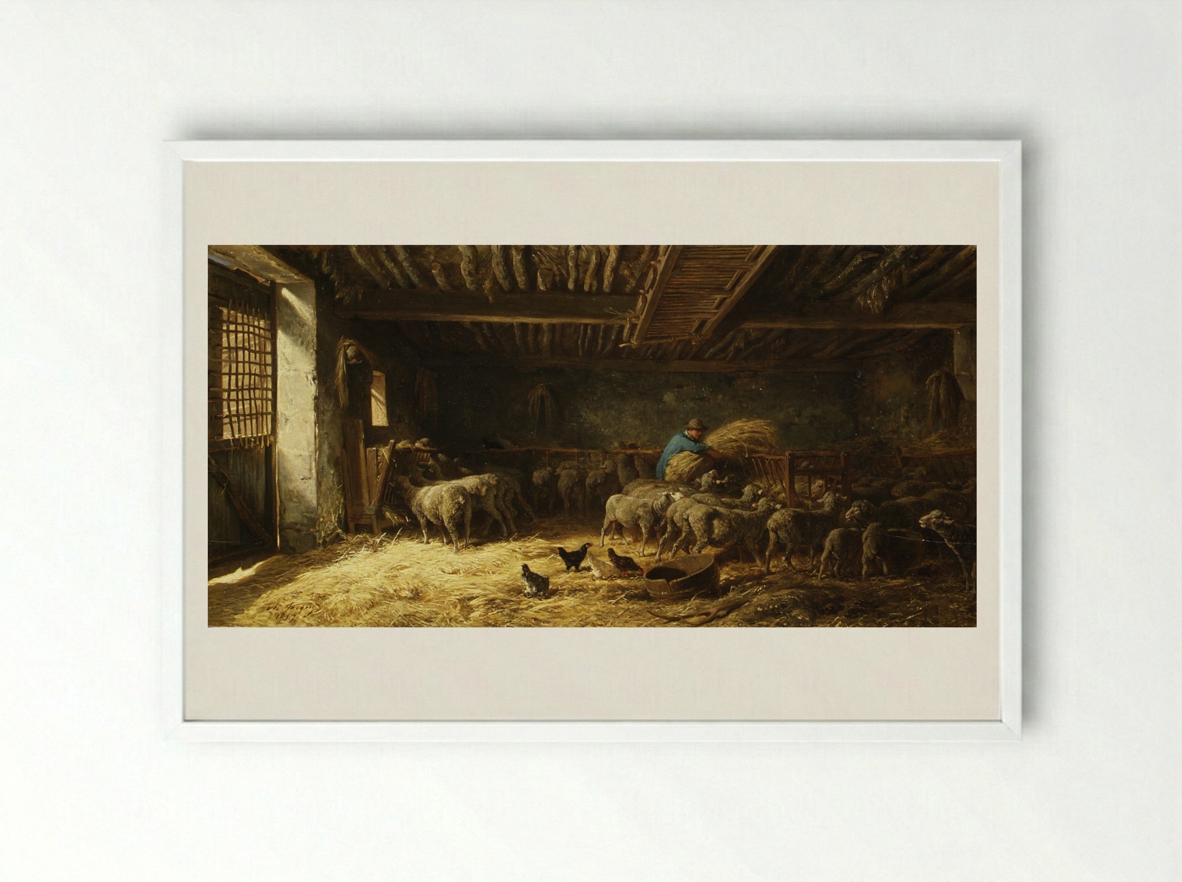 The Sheepfold - Charles Jacque - Framed Print White