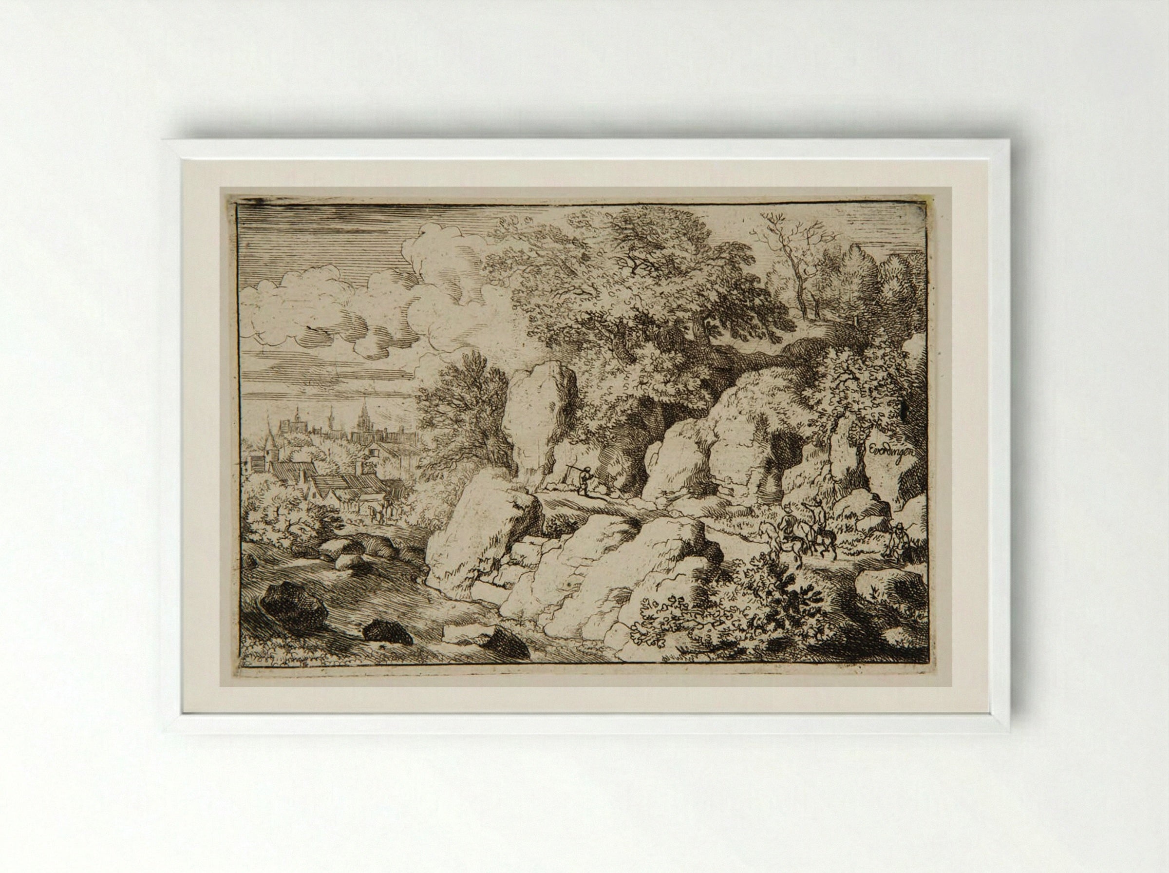 Two Men Riding Along Rocks - Allart van Everdingen - Framed Print White