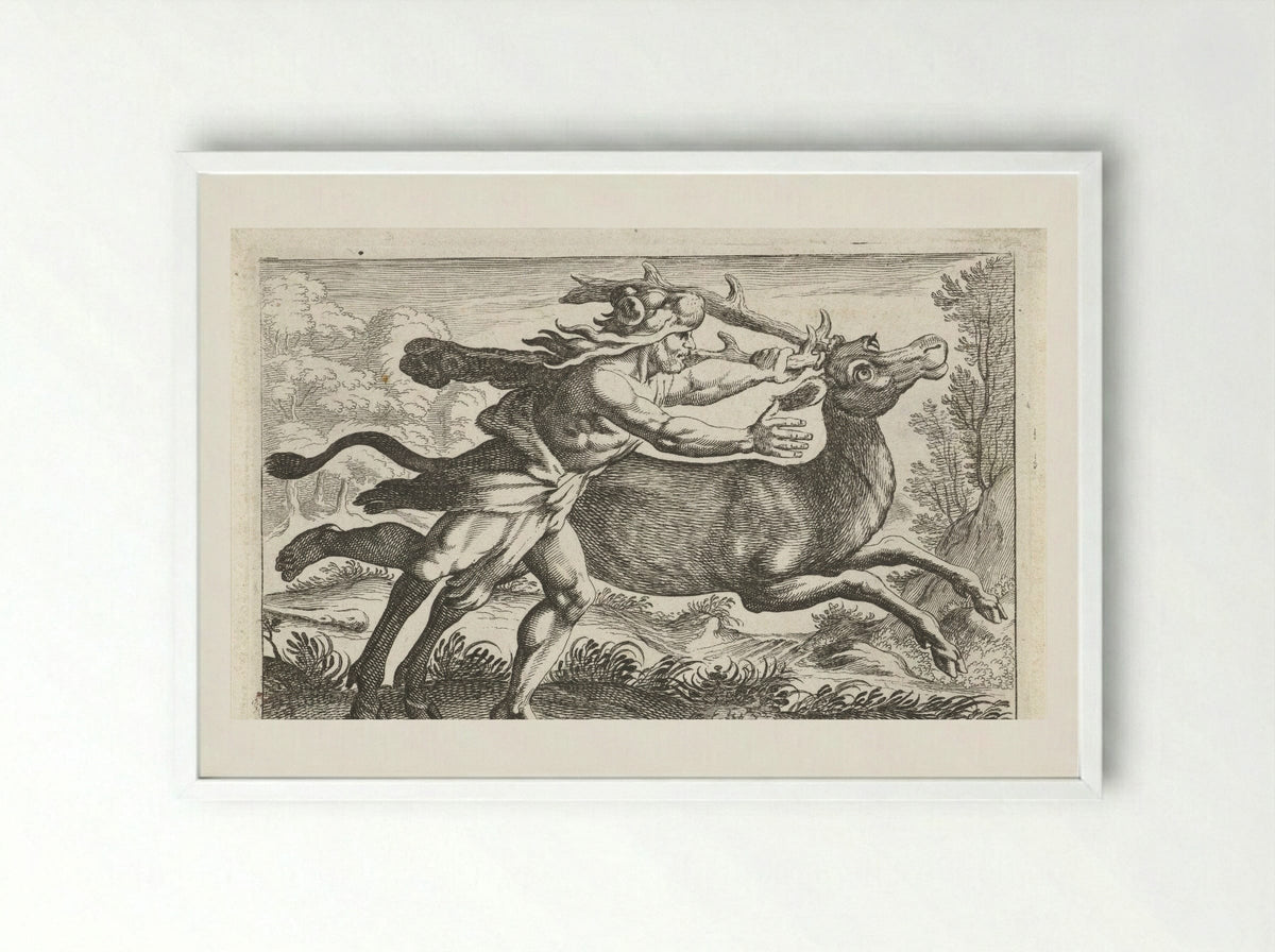 Hercules Capturing the Ceryneian Hind - Simon Frisius - Framed Print White