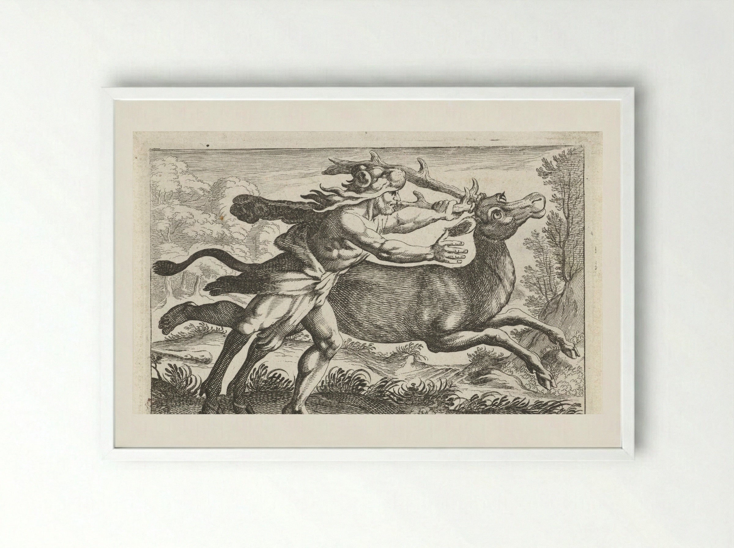 Hercules Capturing the Ceryneian Hind - Simon Frisius - Framed Print White