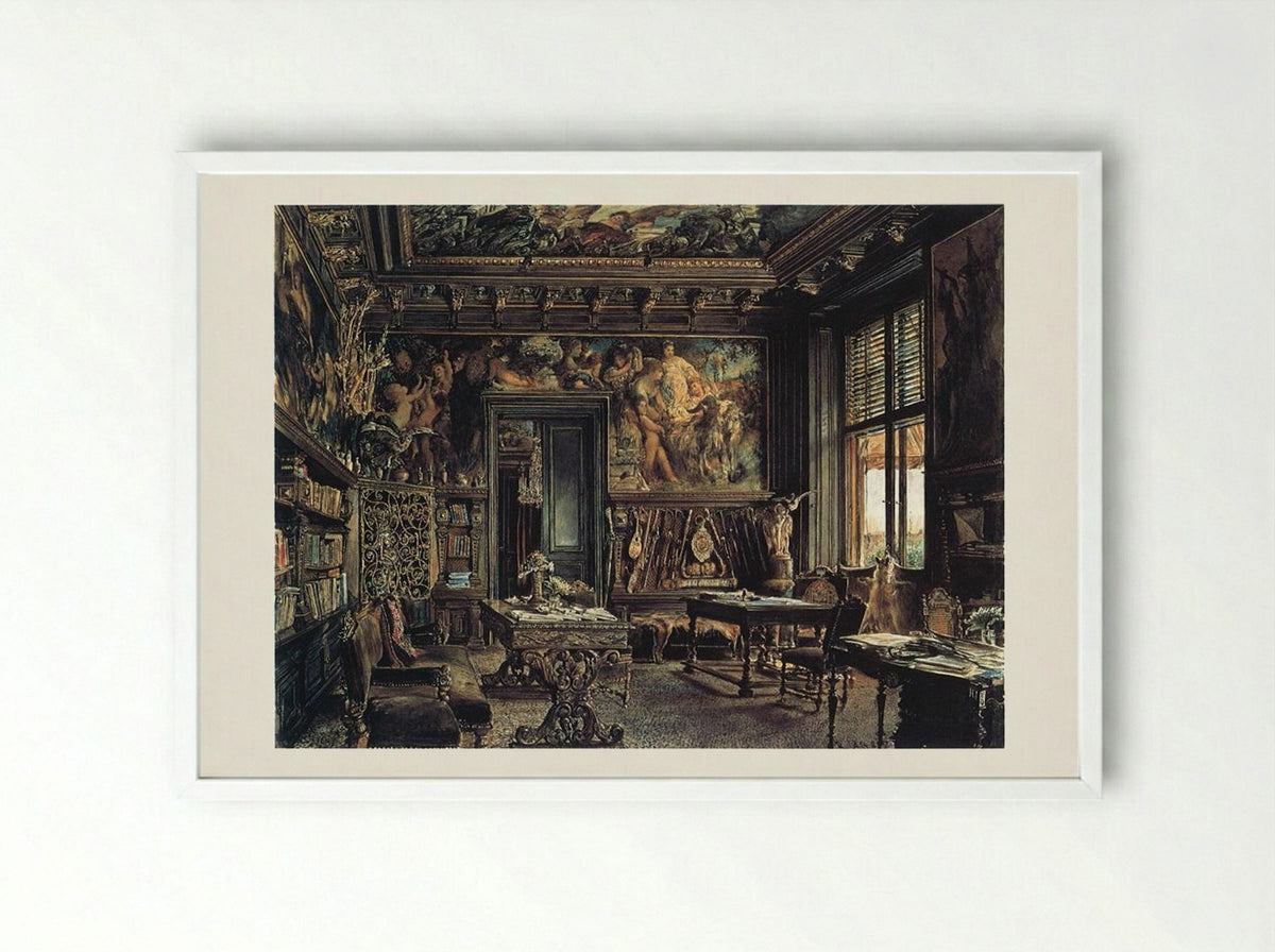 The Library in the Palais Dumba - Rudolf von Alt - Framed Print White