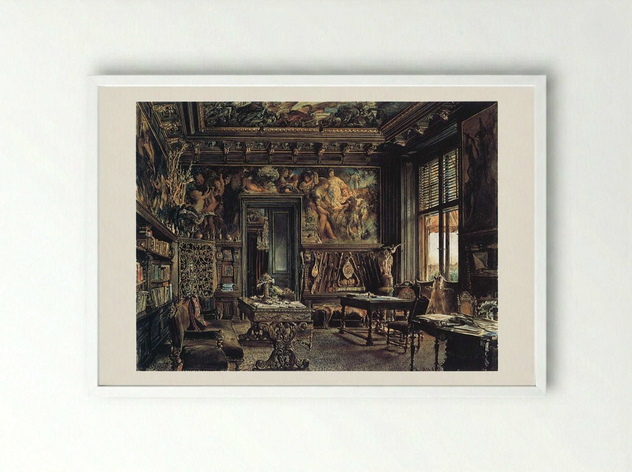 The Library in the Palais Dumba - Rudolf von Alt - Framed Print White