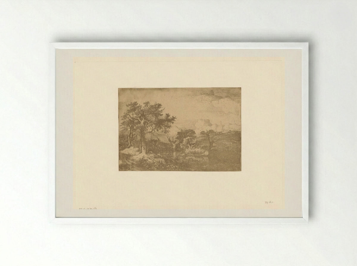 Hilly Landscape with Trees and a Windmill near Deopham - John Crome - Framed Print White