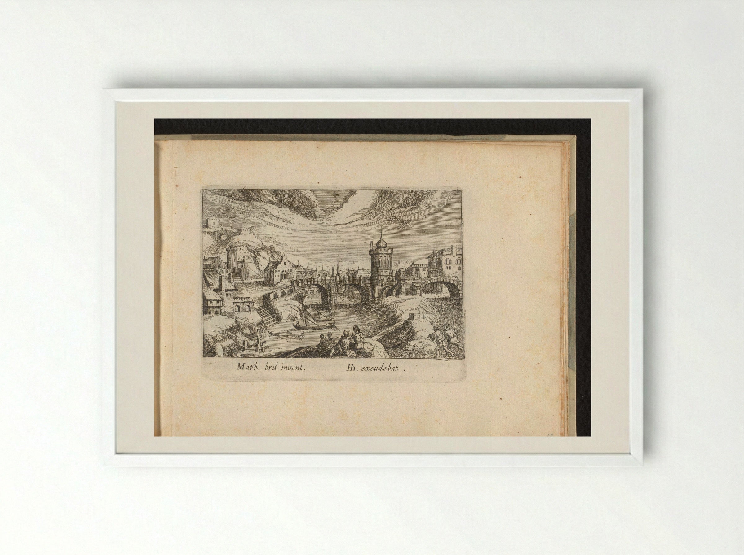 Stadsgezicht met brug en toren - Simon Frisius - Framed Print White