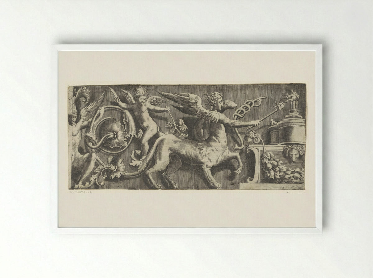 Frieze with Sphinx and Putto at an Altar - Giulio Bonasone - Framed Print White
