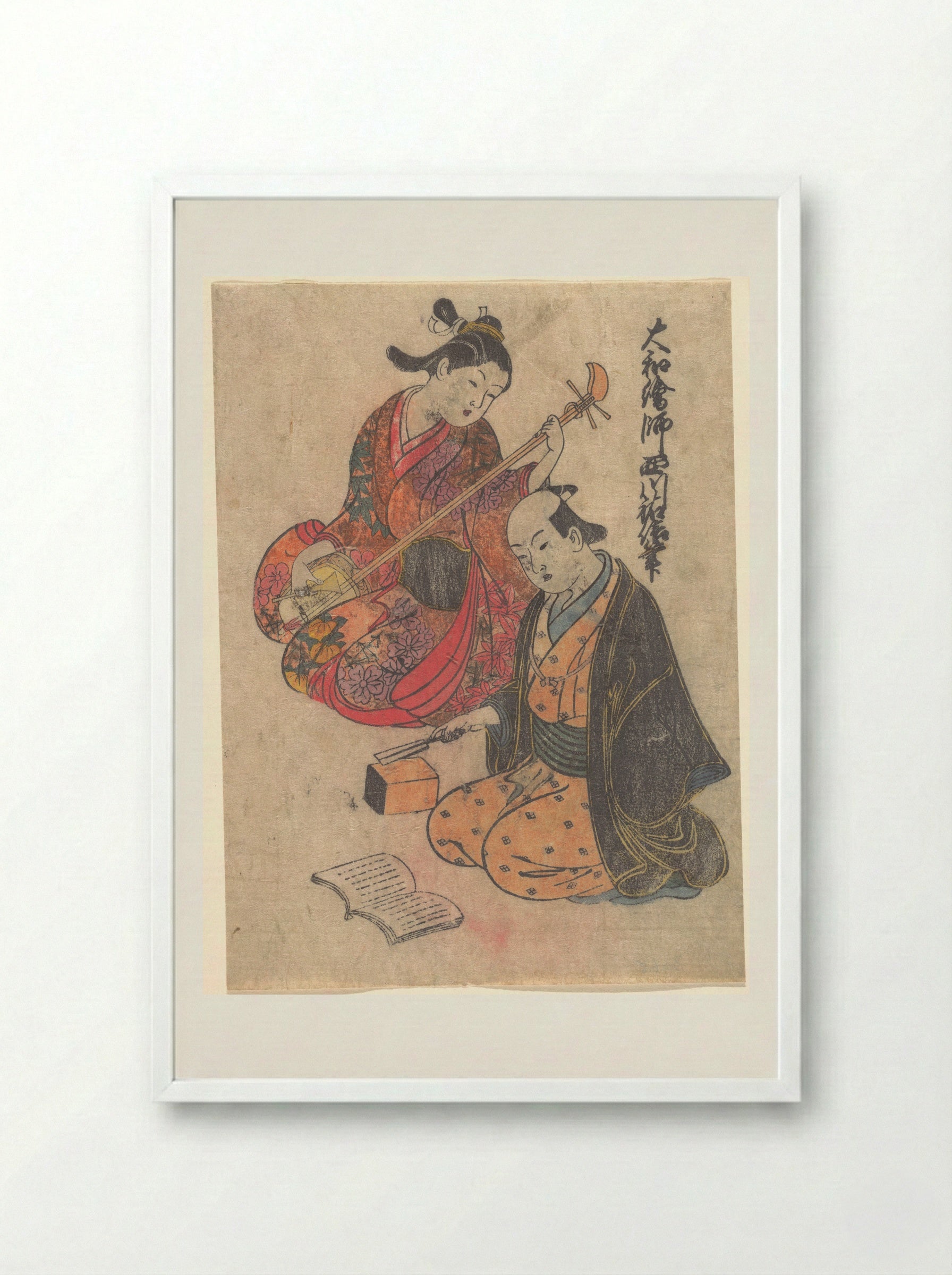 Young Lady Taking a Lesson on the Shamisen - Nishikawa Sukenobu - Framed Print White