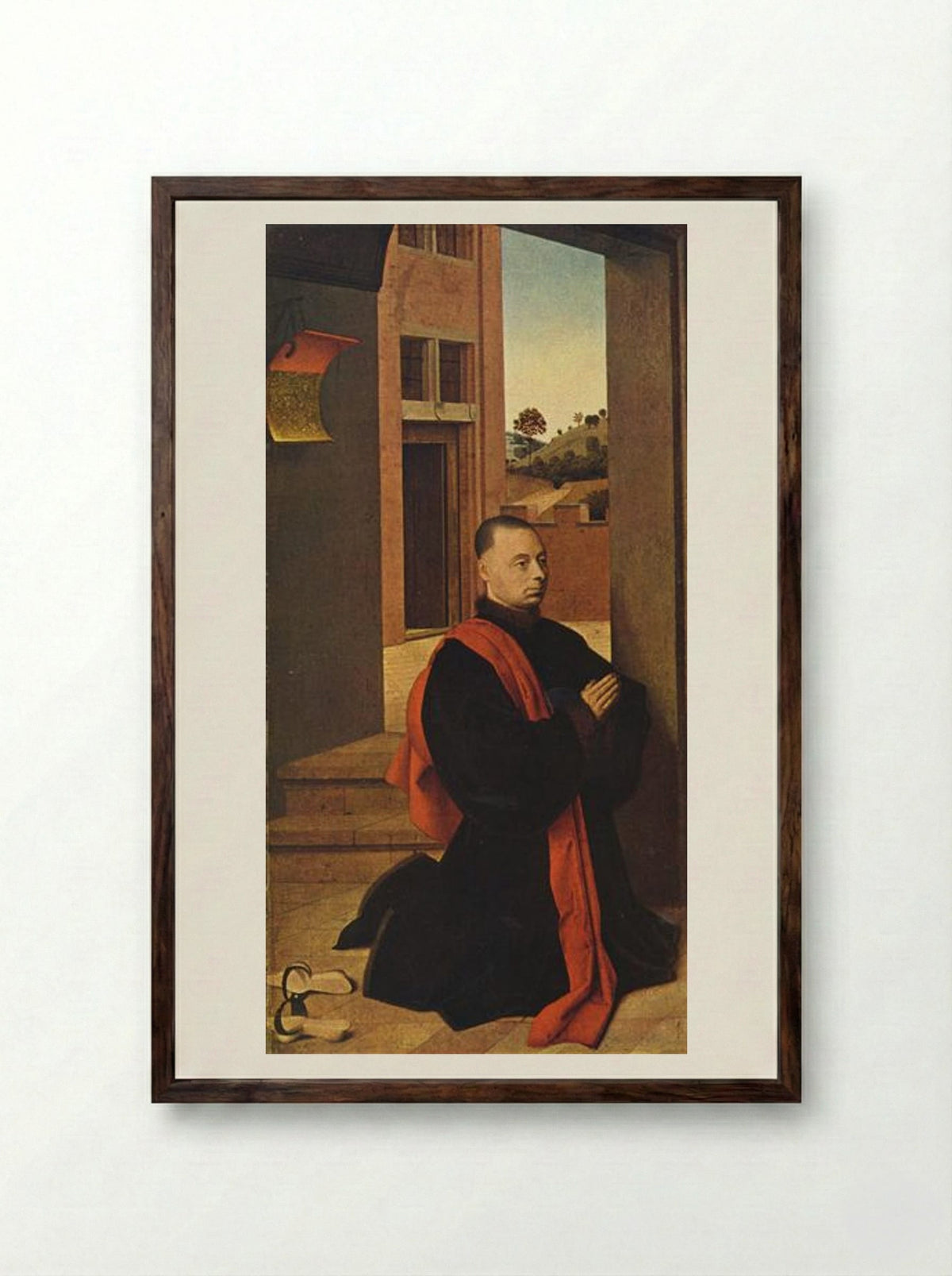 Kneeling male donor - Petrus Christus - Framed Print Dark Wood