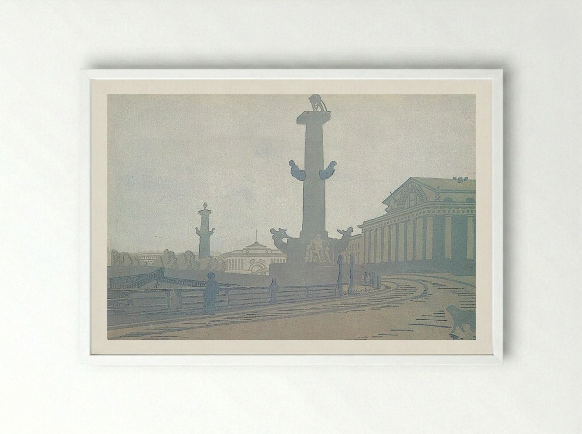 Petersburg. Rostral column and Exchange - Anna Ostroumova-Lebedeva - Framed Print White