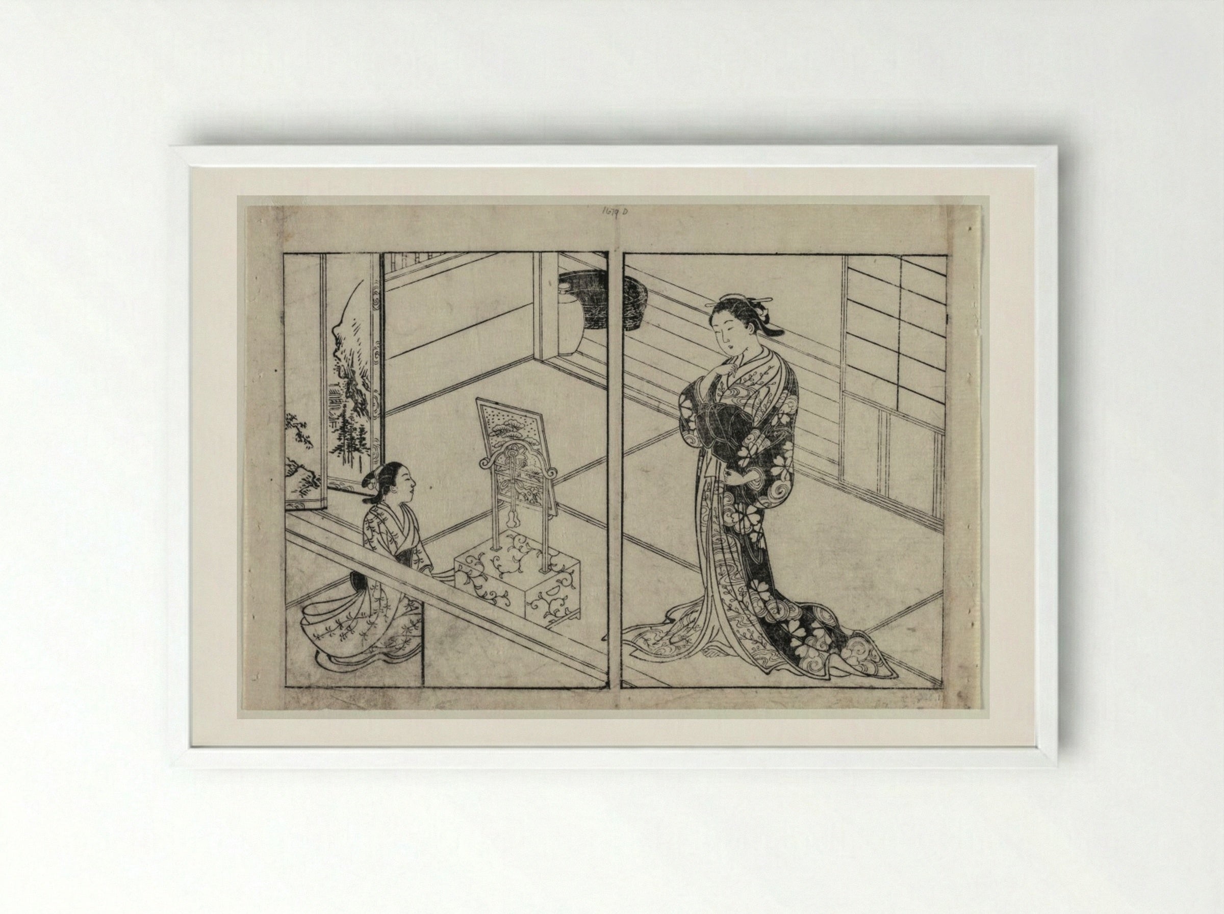 Woman and Child Beside a Mirror Stand - Nishikawa Sukenobu - Framed Print White